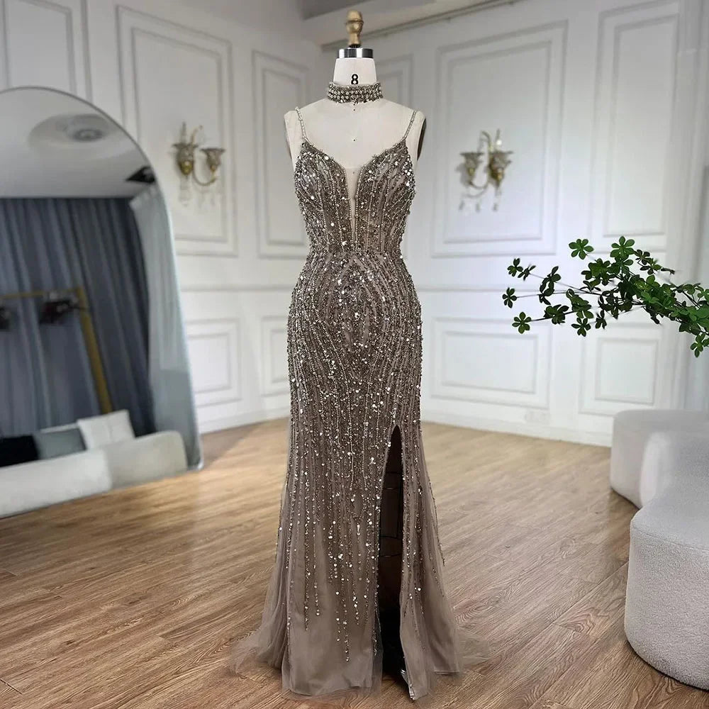 Elegant Silver Nude Mermaid Evening Dress with Beaded Spaghetti Straps & Split Design - Women's Prom Gown for Parties, Galas & Special Occasions 2025 (Style LA72047B) - Perfect for Formal Events, Wedding Receptions & Red Carpet Occasions