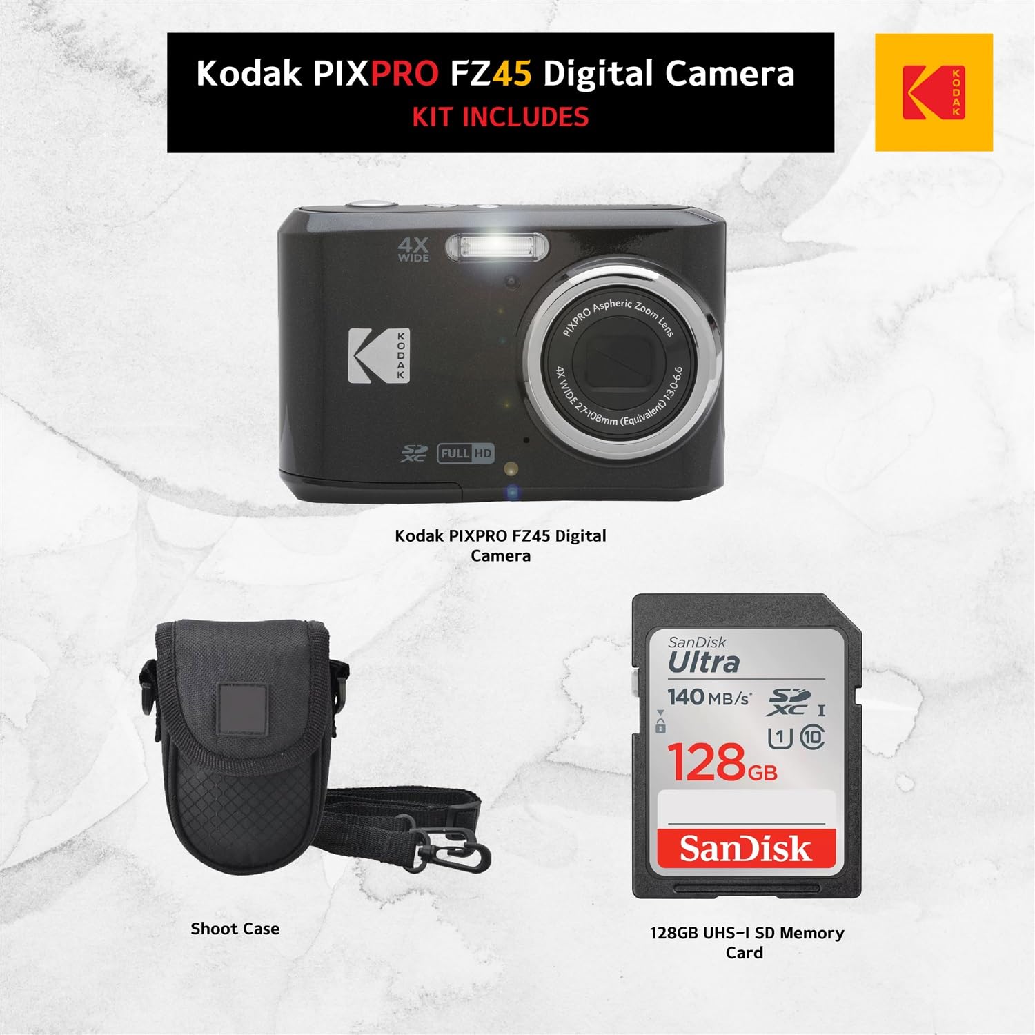 Kodak PIXPRO FZ45 16MP Digital Camera with 4X Optical Zoom - Black Point & Shoot Camera Bundle with Protective Case & SanDisk 128GB SDXC Memory Card - Perfect for Travel, Vlogging & Everyday Photography