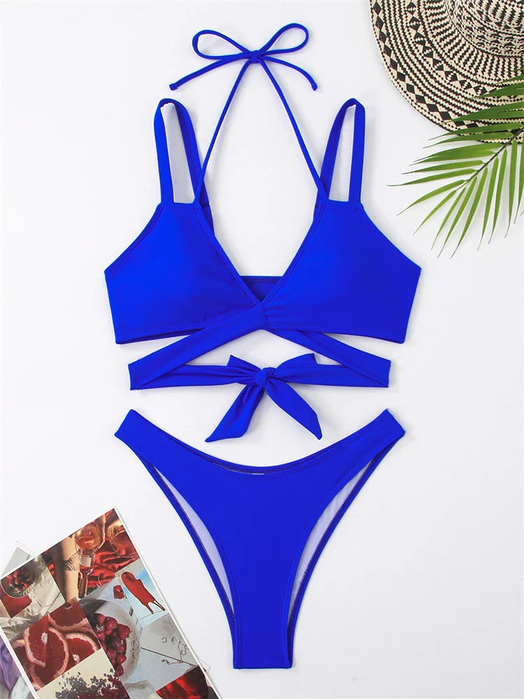 Sexy Women's Bikini Set - Solid Color Sling Lace Up Two Piece Swimwear with Thong Bottom | Perfect for Beach Vacation, Pool Party & Summer Getaways