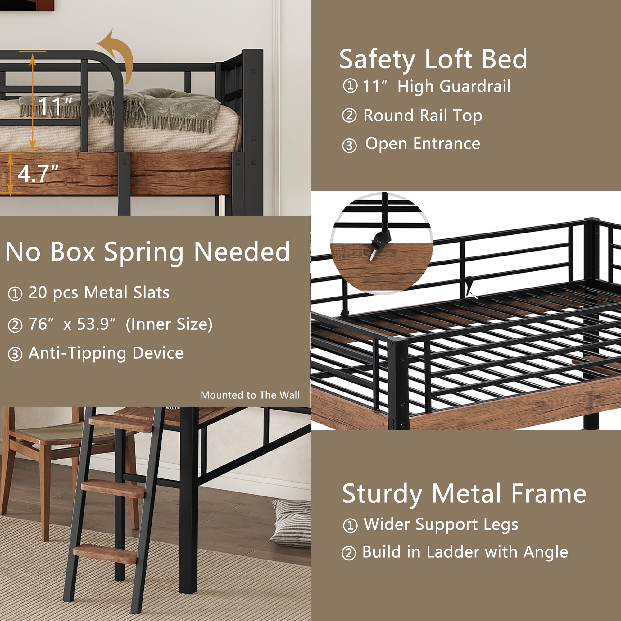 Full Size Loft Bed with Desk & Storage Shelf - Sturdy Metal Frame, Built-in Ladder & Safety Guardrail - Space-Saving Black Loft Bed for Kids & Teens - Perfect for Small Bedrooms, Dorms & Studio Apartments