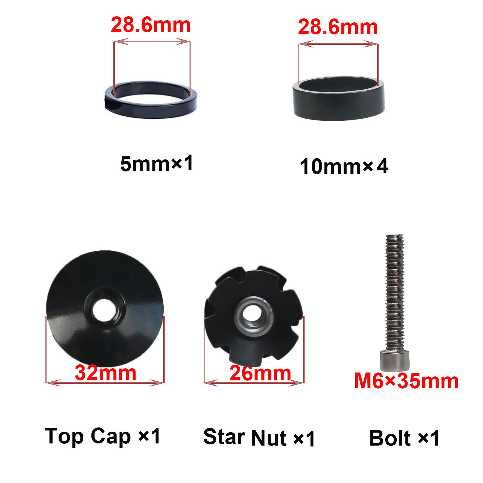 GANOPPER 1 1/8 Inch Headset Spacer with Stem Top Cap - Black, Red, Blue, Gold (4 Colors) - Bike Headset Spacers for MTB, Road Bikes & BMX - Durable Aluminum Alloy Cycling Components