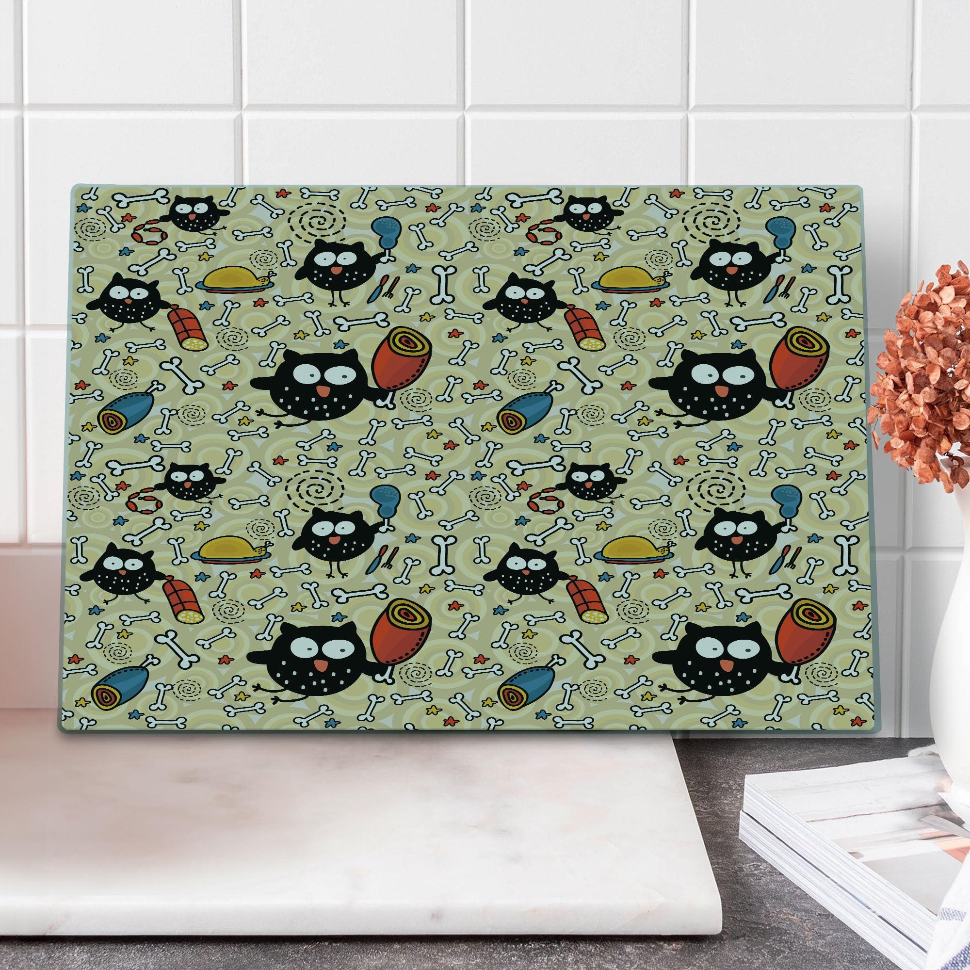 Ambesonne Cartoon Cutting Board - Hungry Owls with Bones & Meat Sketch - Large Tempered Glass Serving Board for Kitchen & Dining - Black Multicolor Decorative Design - Perfect for Entertaining, Charcuterie & Gift Giving