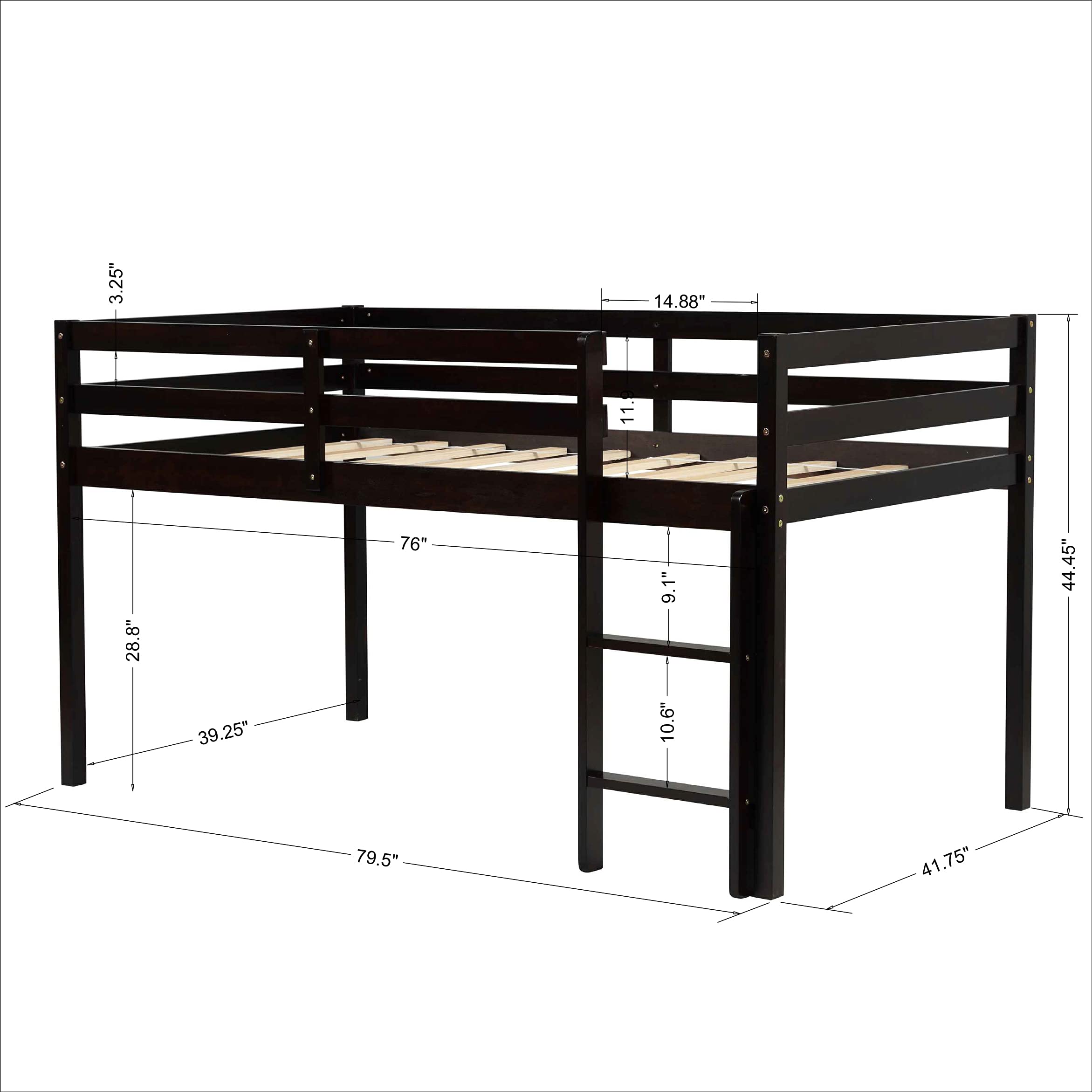 Twin Size Wood Loft Bed with Ladder - Low Bunk Bed for Teens, Kids, Boys & Girls - Sturdy Espresso Bedroom Furniture - Perfect for Small Spaces, Dorm Rooms & Shared Kids' Bedrooms