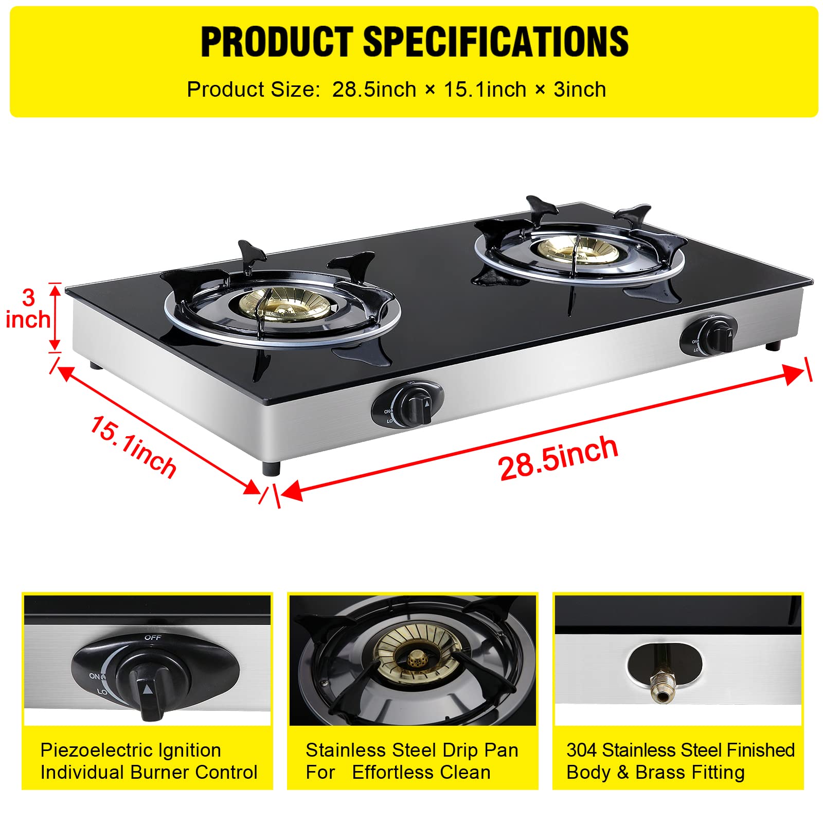 Portable 2-Burner Propane Gas Cooktop with Tempered Glass & Auto Ignition - LPG Camping Stove for RV, Apartments, Outdoor Cooking, Picnics & Backpacking