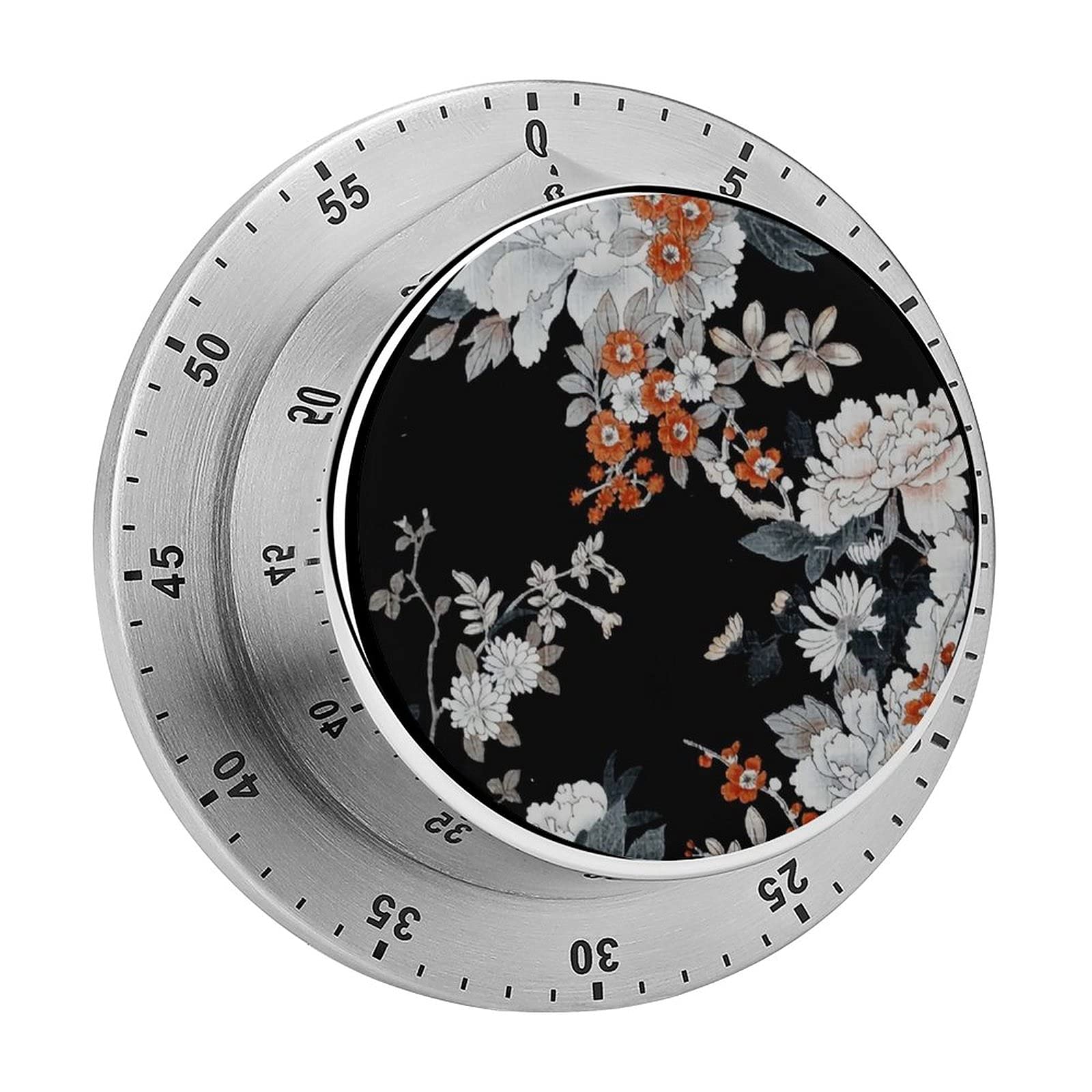 Stainless Steel Mechanical Wind-Up Kitchen Timer - White & Red Floral Design for Cooking, Baking, Sports & Games | Perfect for Home, Restaurant & Outdoor Use