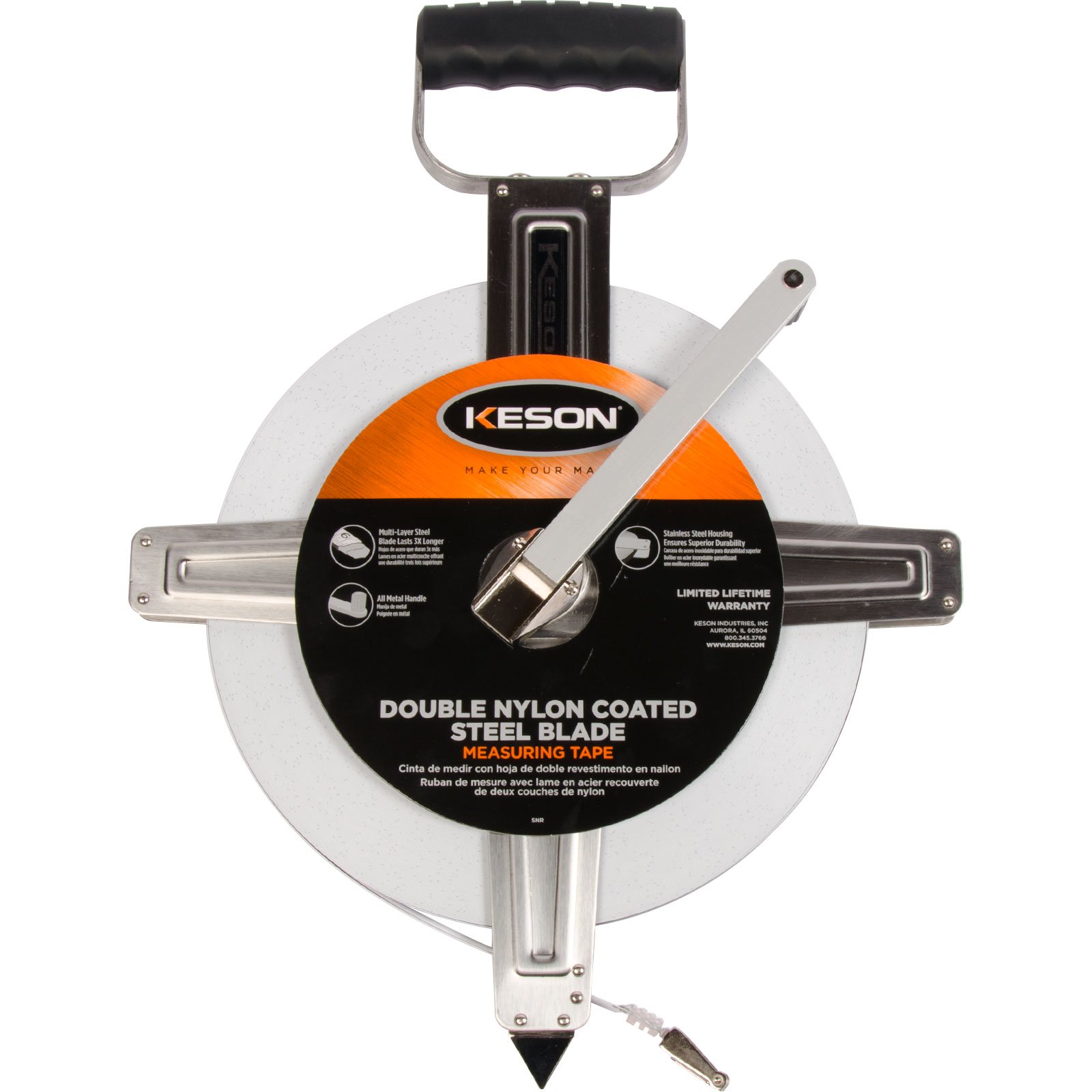 Keson SNR18200 200-Foot Nylon-Reinforced Steel Blade Tape Measure with Stainless Steel Housing & Hook End (ft/in/1/8 Graduations) - Perfect for Construction, Carpentry, and DIY Home Improvement Projects