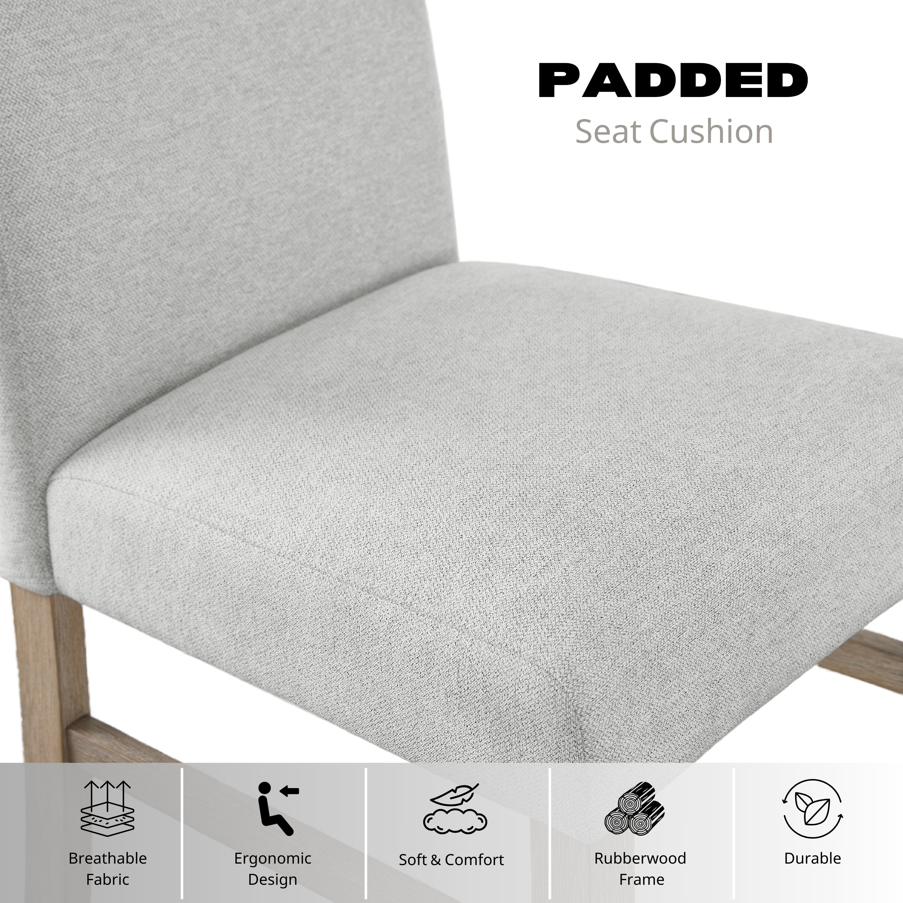 Roundhill Furniture Zelalle Upholstered Dining Chairs Set of 2 - Light Gray Fabric with Sturdy Rubberwood Legs, Comfortable Modern Kitchen & Dining Room Seating for Home, Restaurant or Office