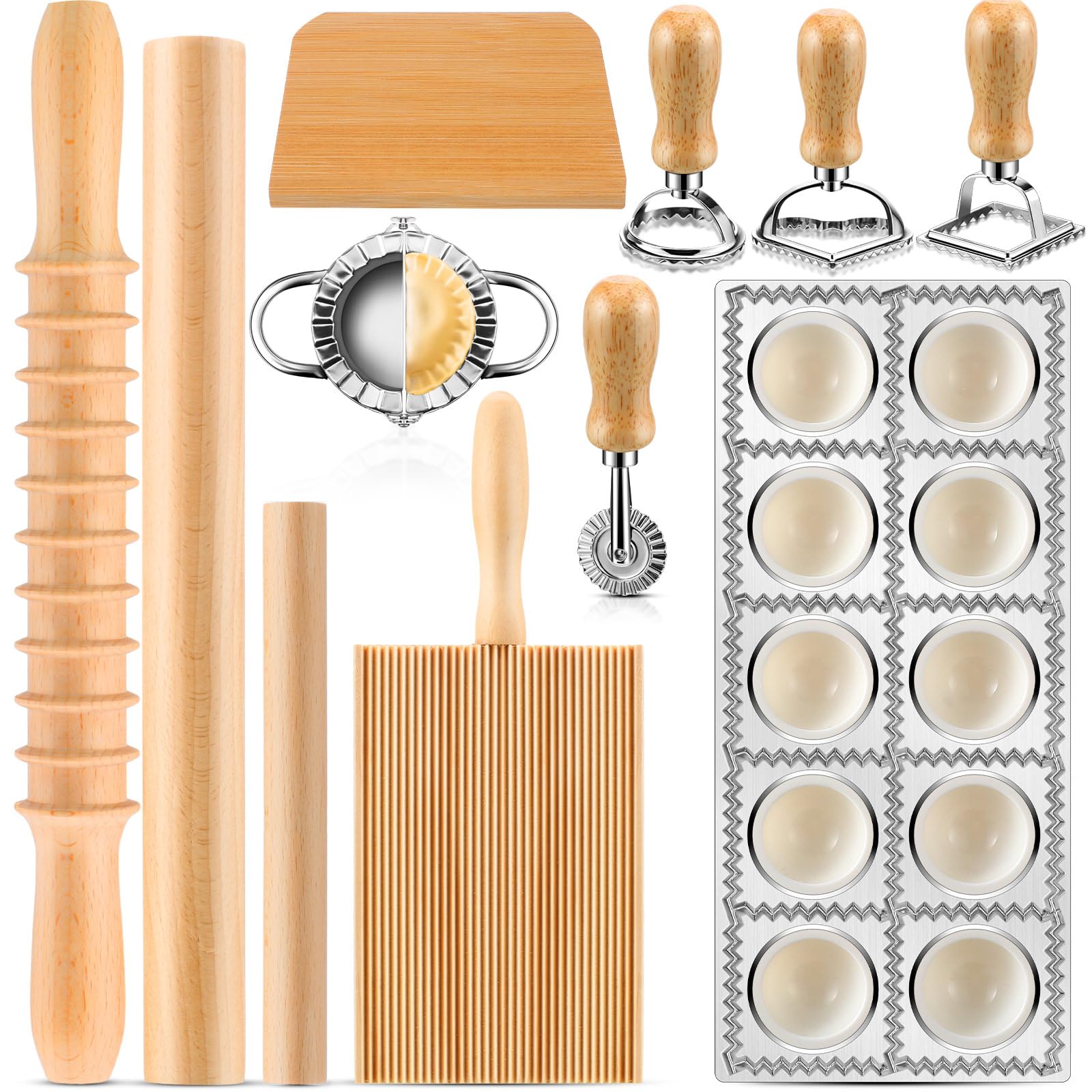 12-Piece Ravioli Mold Set with Press, Scraper, Cutter & Pierogi Maker - Includes Rolling Pin, Gnocchi Board, Wooden Roller & 4 Stamp Cutters for Homemade Pasta, Dumplings - Perfect for Italian Cooking, Family Meal Prep & Holiday Gatherings