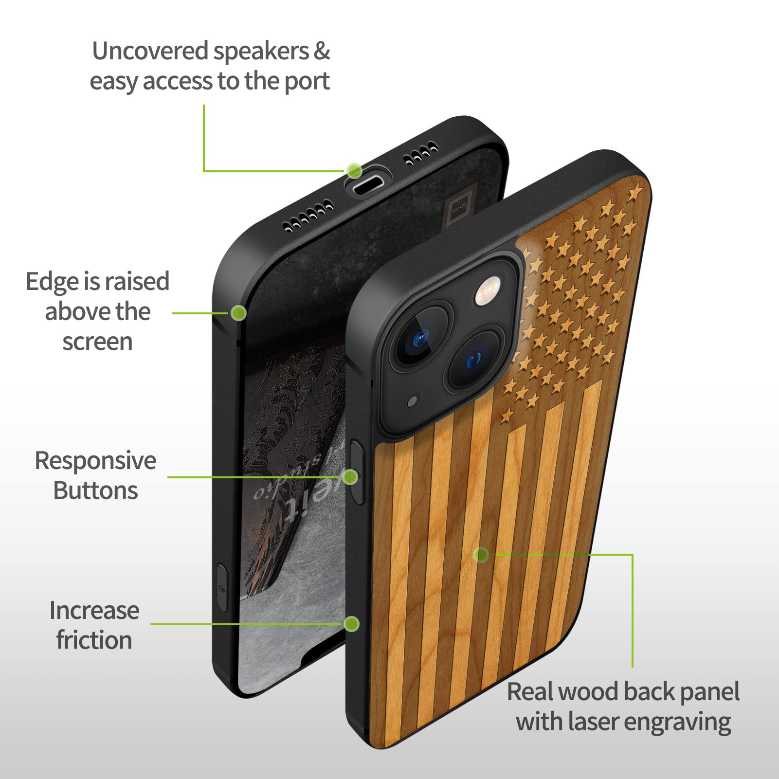 Carveit Magnetic Wooden iPhone 13 Case - Hard Real Wood & Soft TPU Hybrid Shockproof Cover with MagSafe Compatibility (American Flag-Cherry Design) | Protective Wood Phone Case for Everyday Use, Travel & Office
