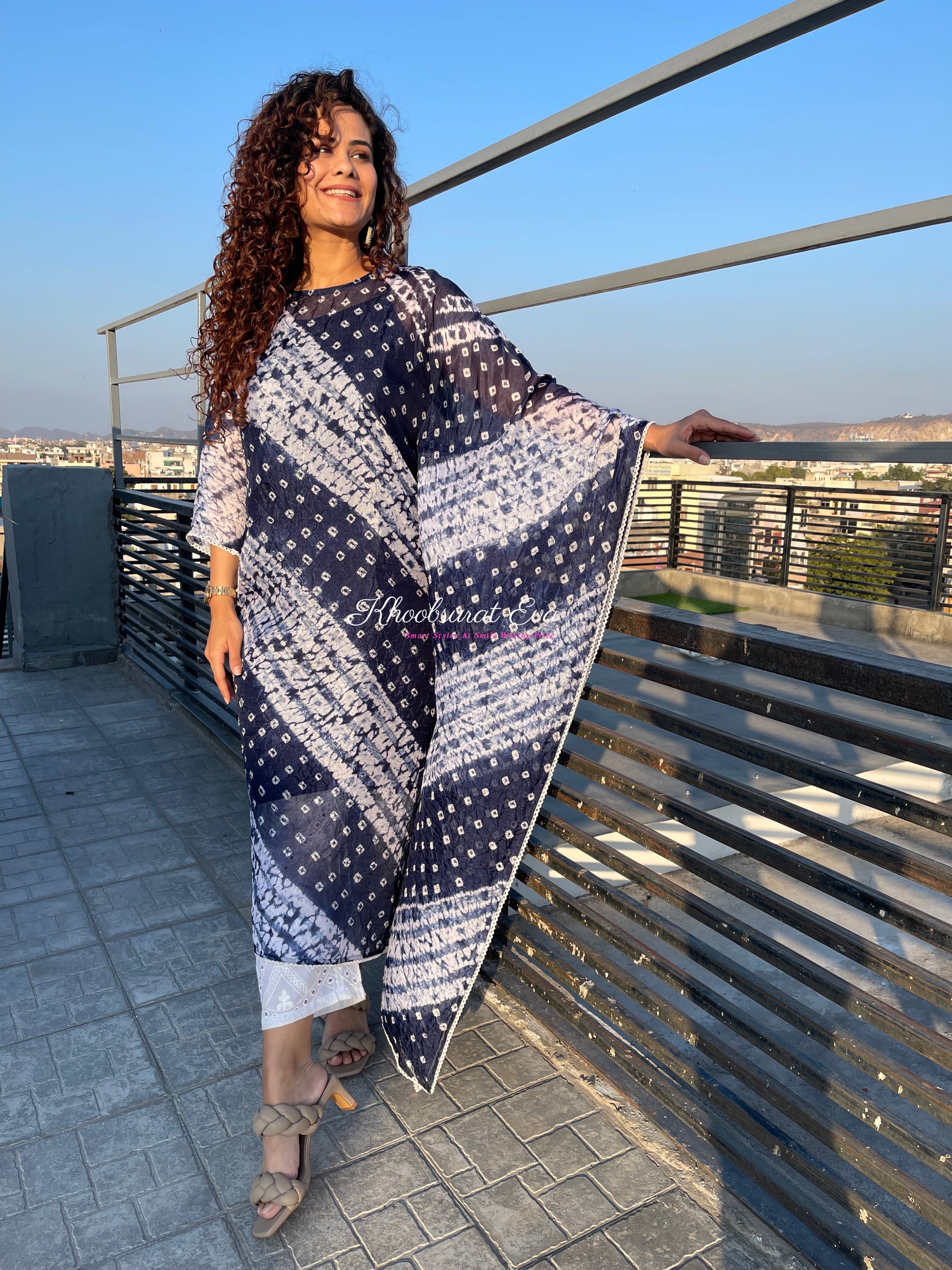 Stylish Blue Bandhani Kaftan Set for Women – Boho Chic Ethnic Outfit for Festivals, Parties & Beach Vacations