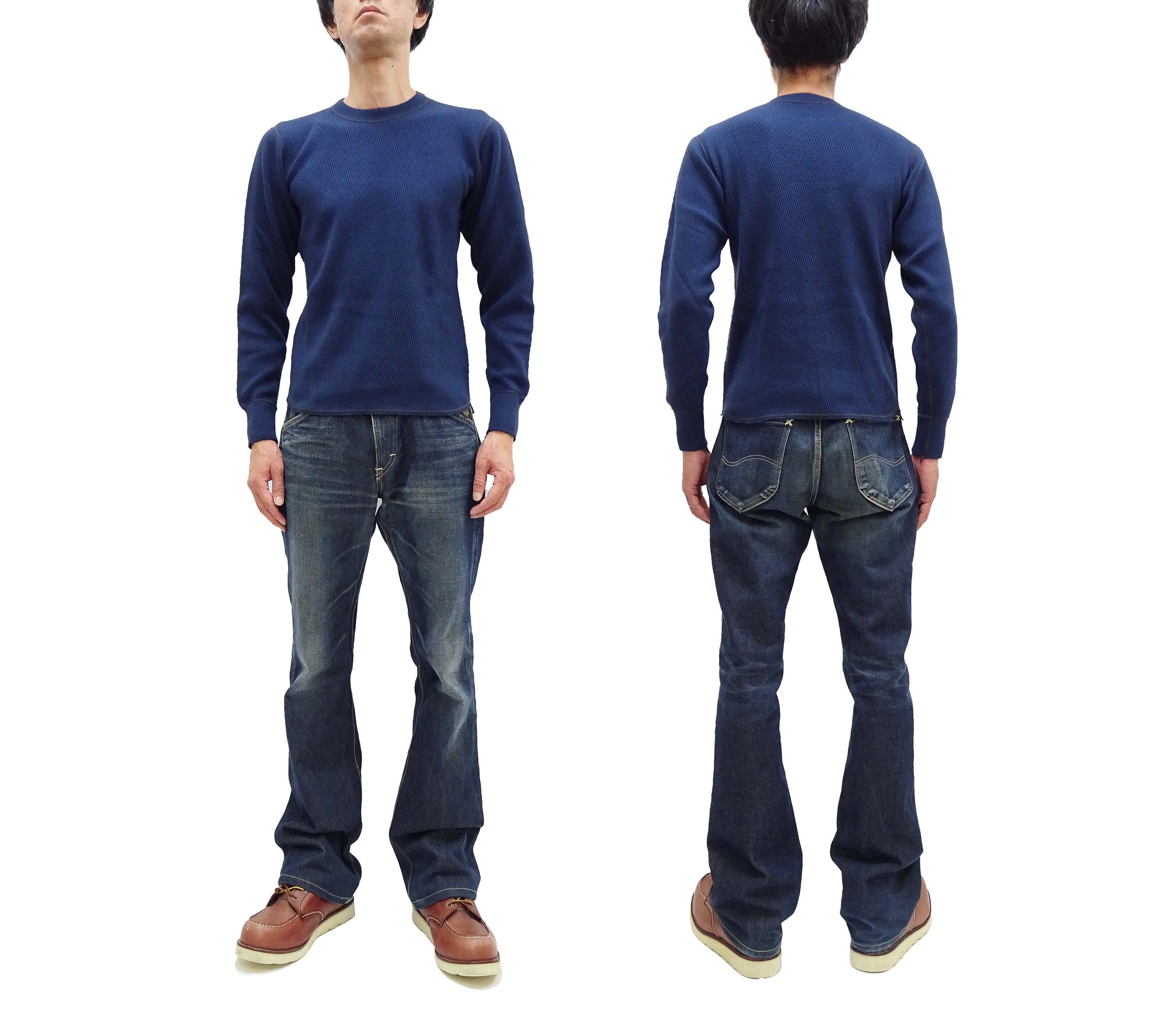 Buzz Rickson Men's Waffle Knit Thermal Long Sleeve T-Shirt - Navy Blue Crew Neck Casual Tee BR63755 | Warm Winter Layering & Outdoor Activities
