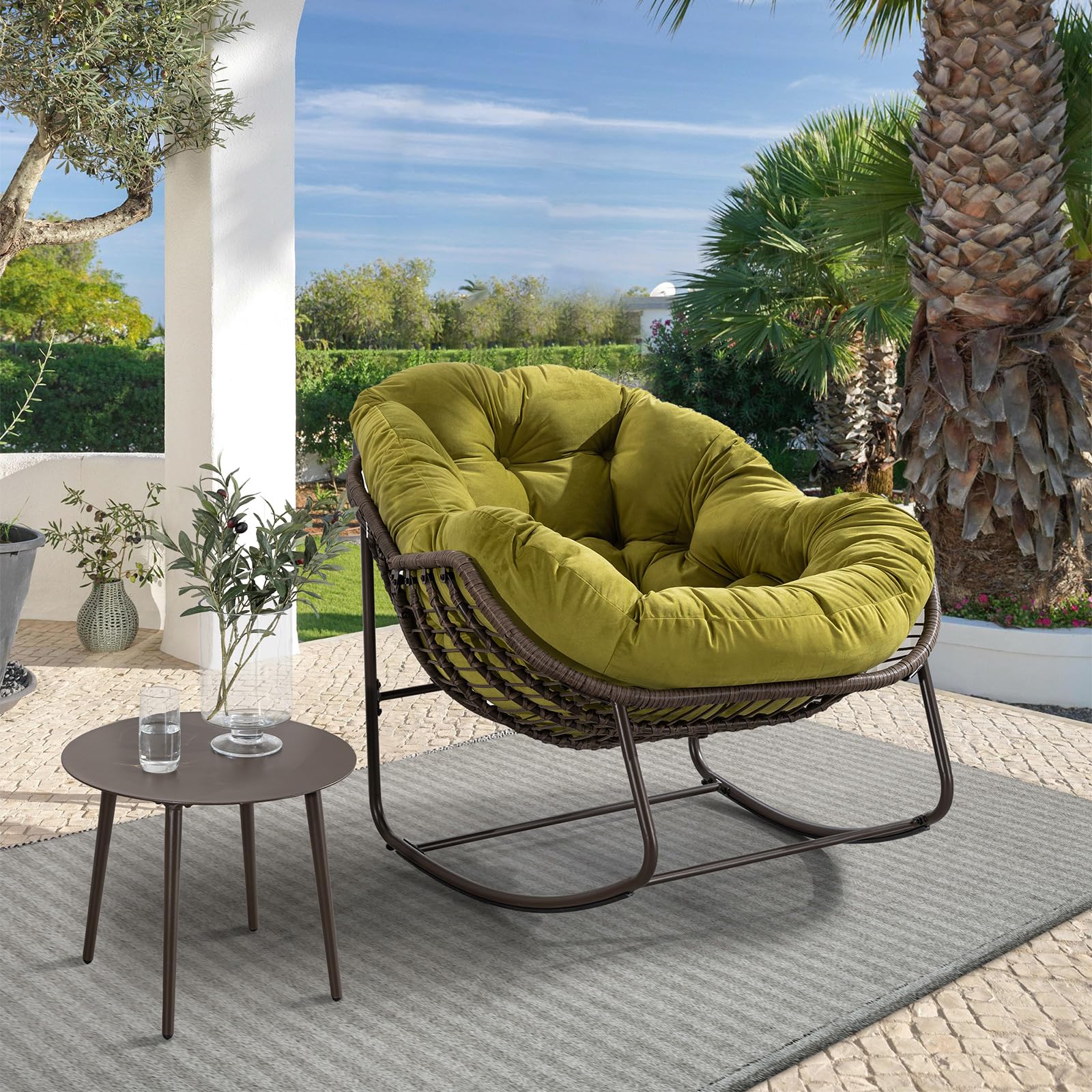 Outdoor Rocking Chair - Oversized Rattan Egg Rocking Chair with Padded Cushion, Modern Patio Lounge Chair for Front Porch, Garden, Backyard, Balcony & Deck - Olive Green - Perfect for Relaxing, Reading & Enjoying Outdoor Spaces