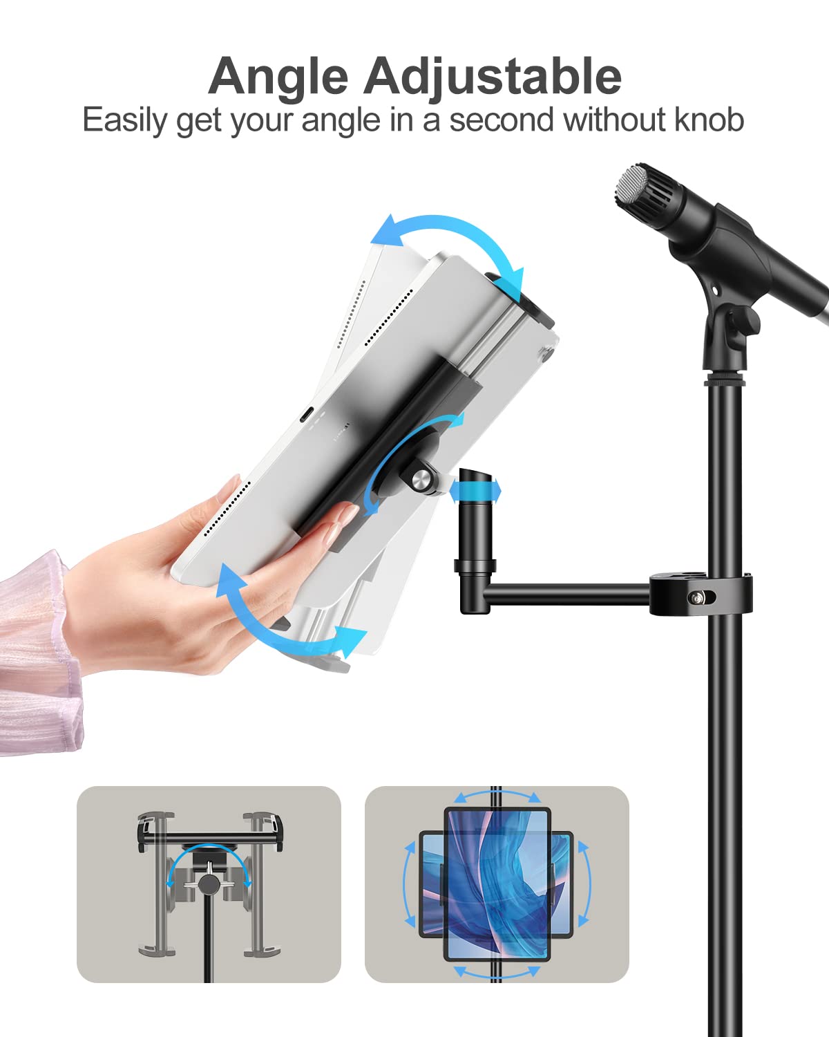 Elitehood Aluminum iPad Holder for Mic Stand - 360° Swivel & Tilt Adjustable Side Mount Tablet Holder for 4-13