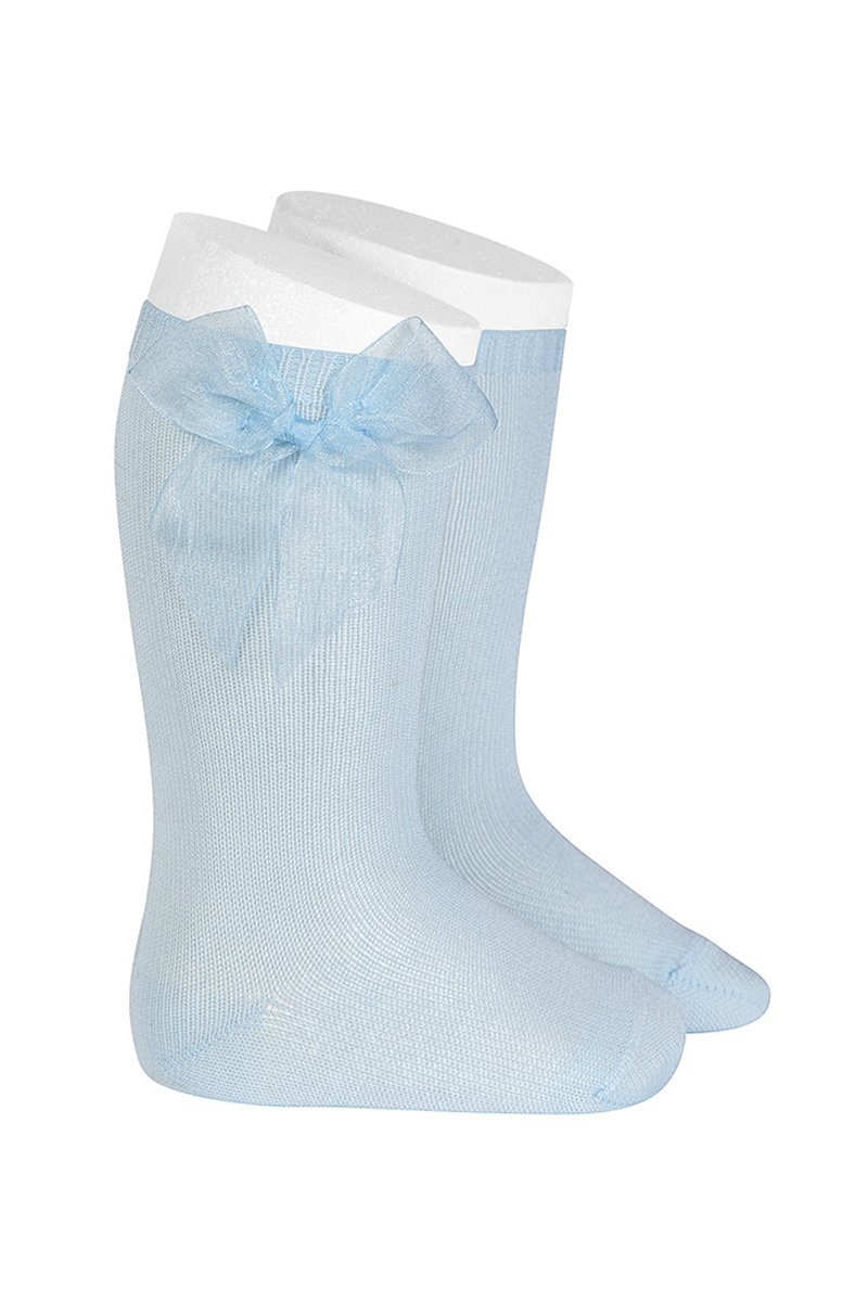 Baby Blue Tulle Bow Knee High Socks for Girls - Elegant Fashion Socks for Parties, Weddings & Special Occasions