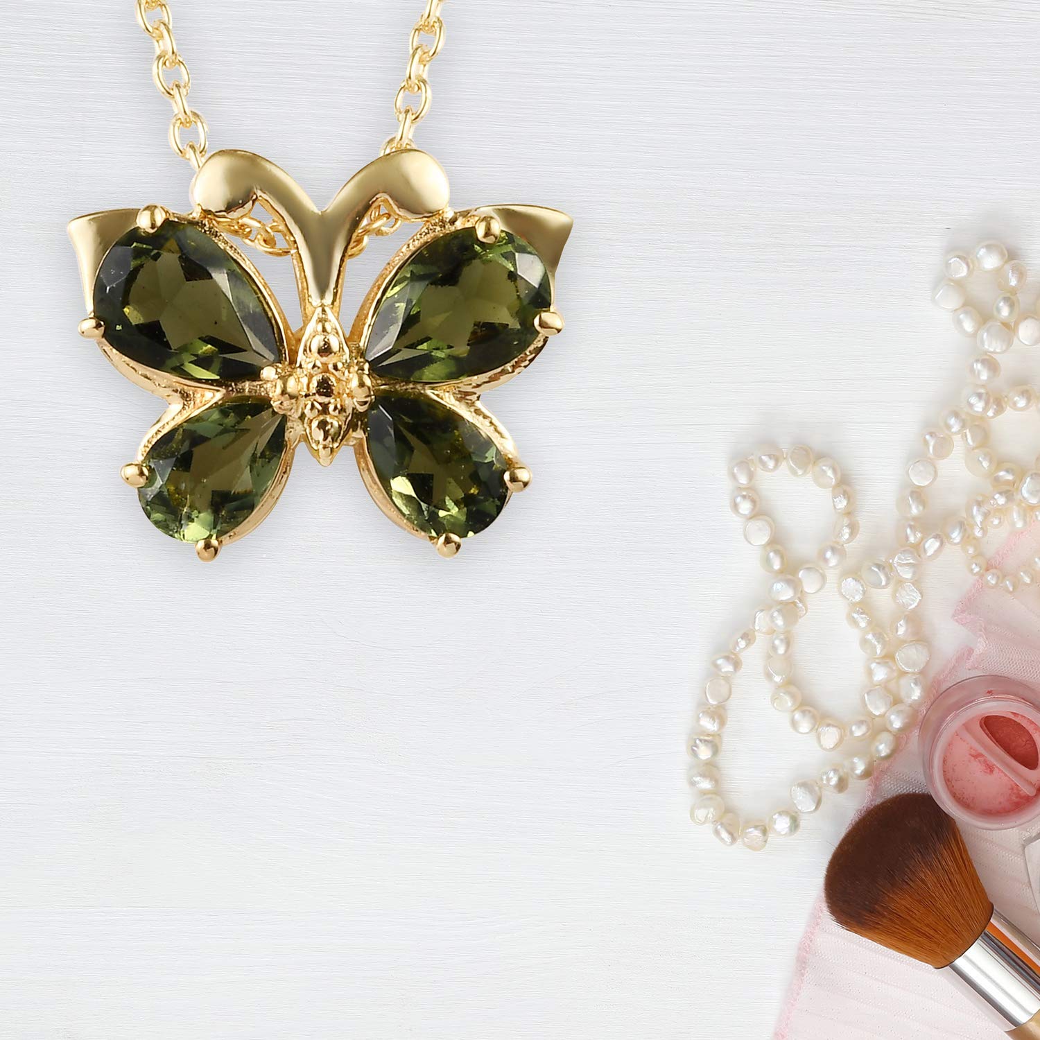 SHOP LC Sterling Silver Moldavite Pendant Necklace with Vermeil Yellow Gold Butterfly - 20