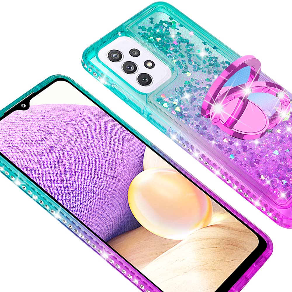 SOGA Quicksand Cute Girl Phone Case for Samsung Galaxy A32 5G - Anti-Slip Diamond Ring Magnetic Car Mount & Lanyard - Purple/Teal - Perfect for Daily Use, Driving & Travel