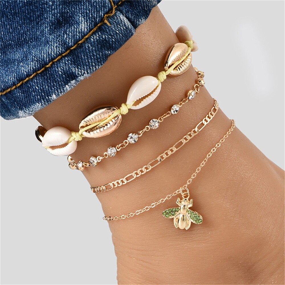 Elegant Women's Beach Anklet with Shell Weave & Diamond Bee Pendant - Multi-Layer Foot Jewelry for Summer Vacations, Pool Parties & Boho Fashion