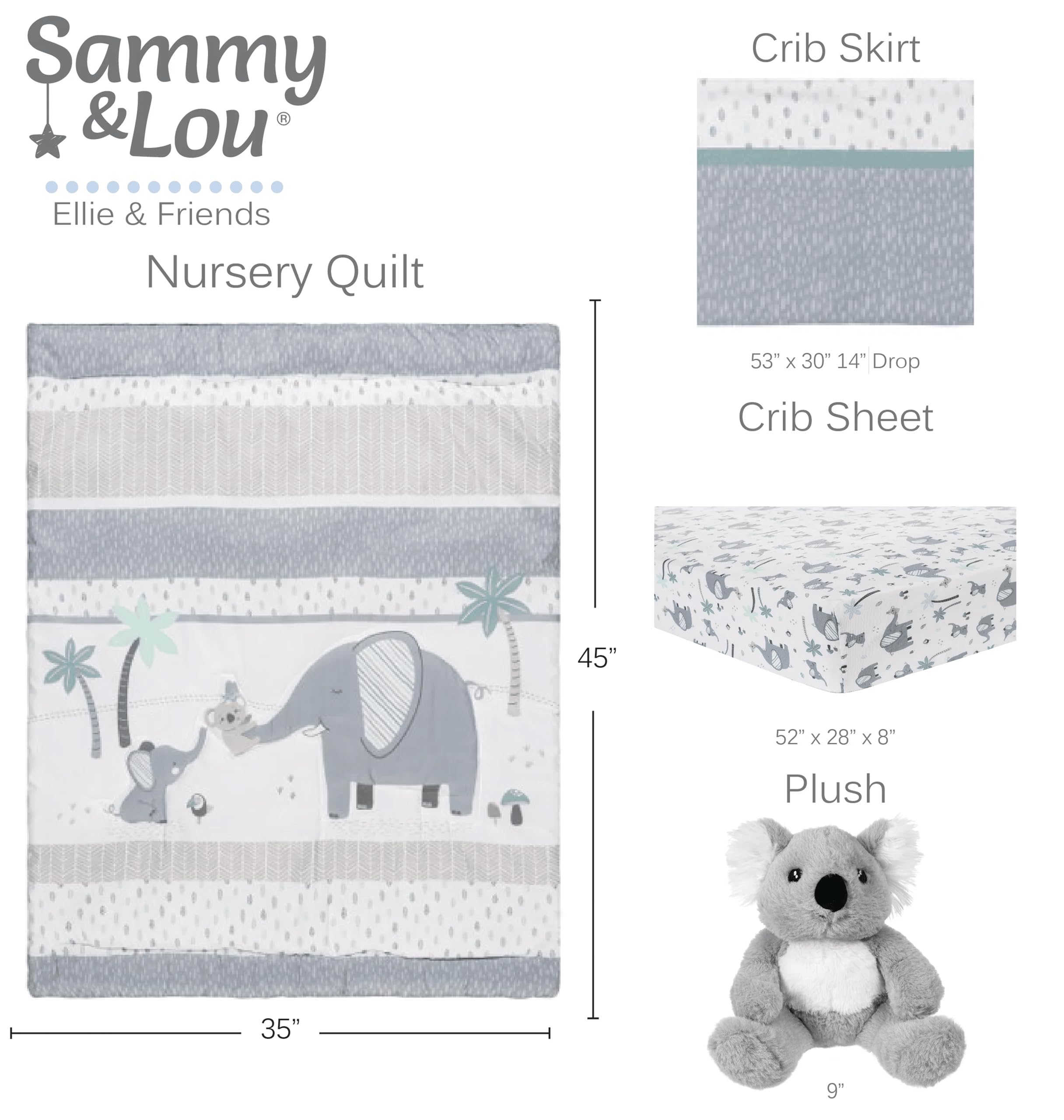 Sammy & Lou Ellie & Friends 4-Piece Baby Crib Bedding Set - Soft Neutral Quilt, Fitted Crib Sheets, Crib Skirt & Plush Toy | Nursery Essentials for Newborns & Toddlers | Perfect for Gender-Neutral Nursery Decor & Baby Shower Gifts
