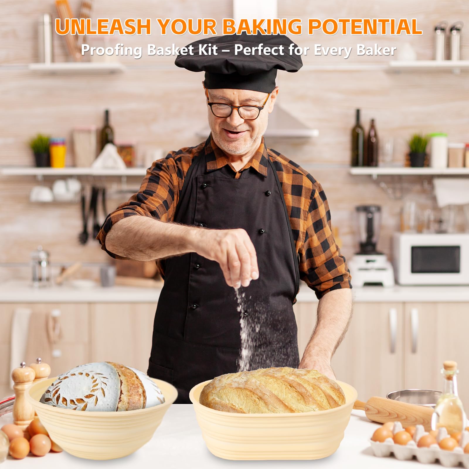 Premium 9-Inch Round Silicone Banneton Bread Proofing Basket - Foldable Sourdough Baking Supplies Kit with Essential Tools | Perfect for Artisan Bread Making, Home Bakers & Gift Giving