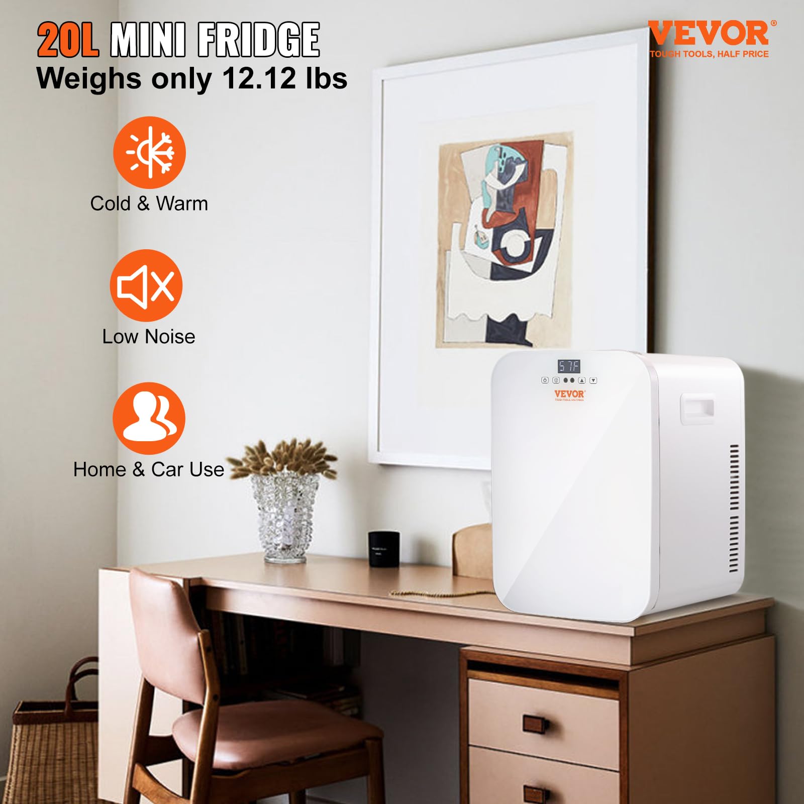 VEVOR 20L Mini Fridge with Temperature Control Touch Screen - Portable Skincare & Beverage Cooler for Cosmetics, Drinks, Milk - Perfect for Bedroom, Office, Car, Dorm - AC/DC Compact Refrigerator (White) - Ideal for Storing Skincare Products, Drinks & Snacks On-The-Go