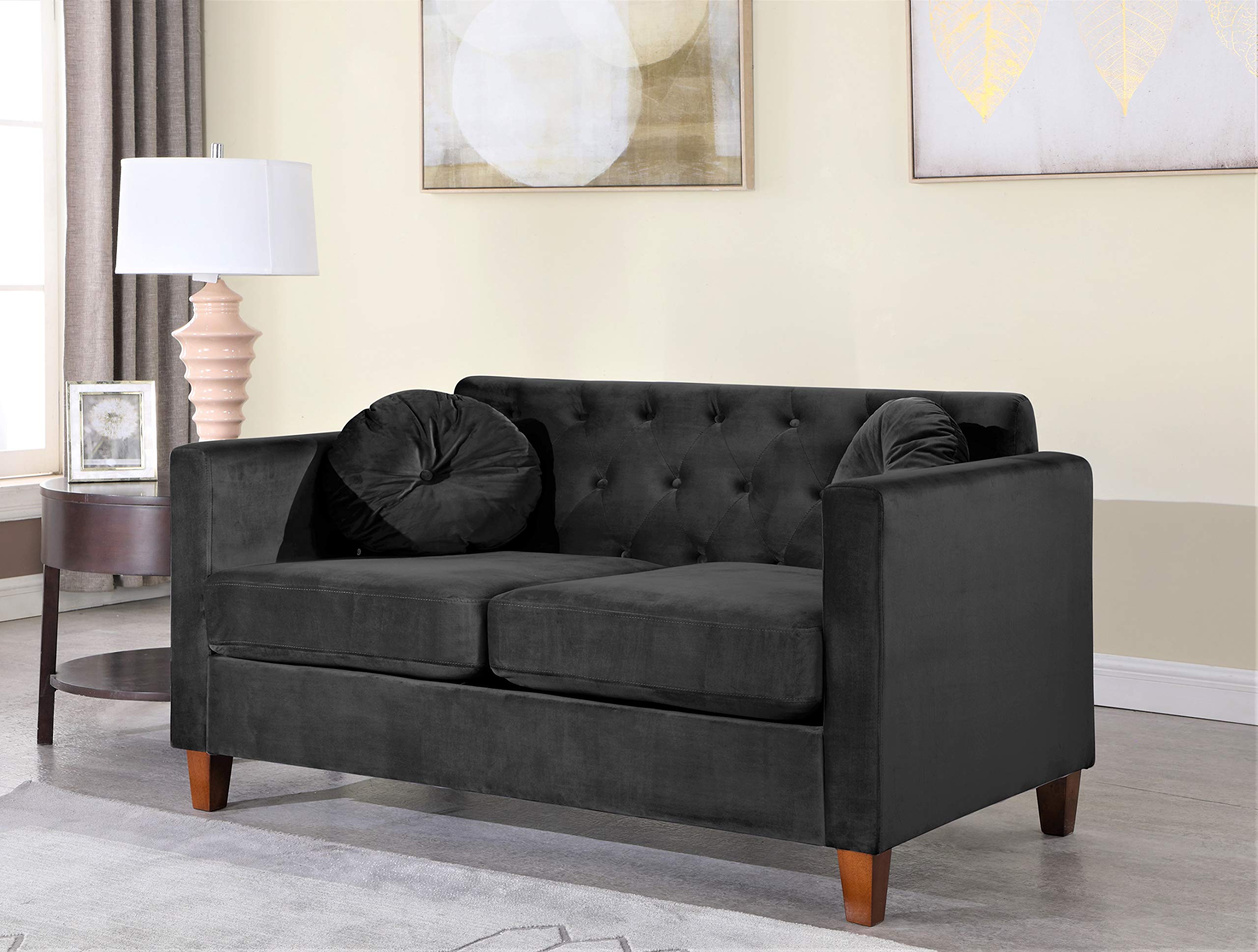 Persaud Classic Chesterfield Velvet Upholstered Living Room Couch Set - Elegant Loveseat Sofa for Home, Apartment & Office | Perfect for Small Spaces, Lounge Areas & Reception Rooms (Black)