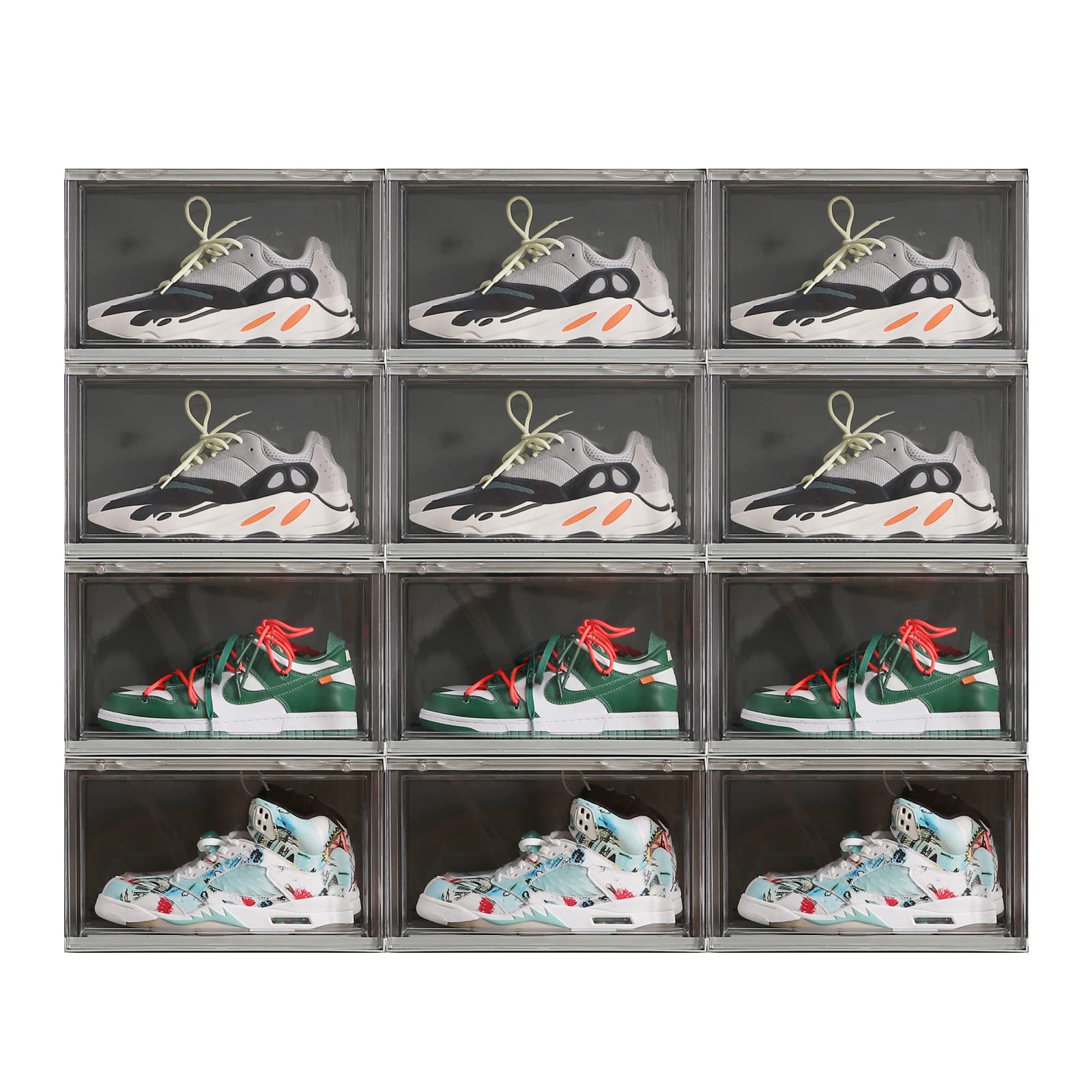 Clear Plastic Stackable Shoe Boxes - 12 Pack Sneaker Storage Containers with Lids (14.2