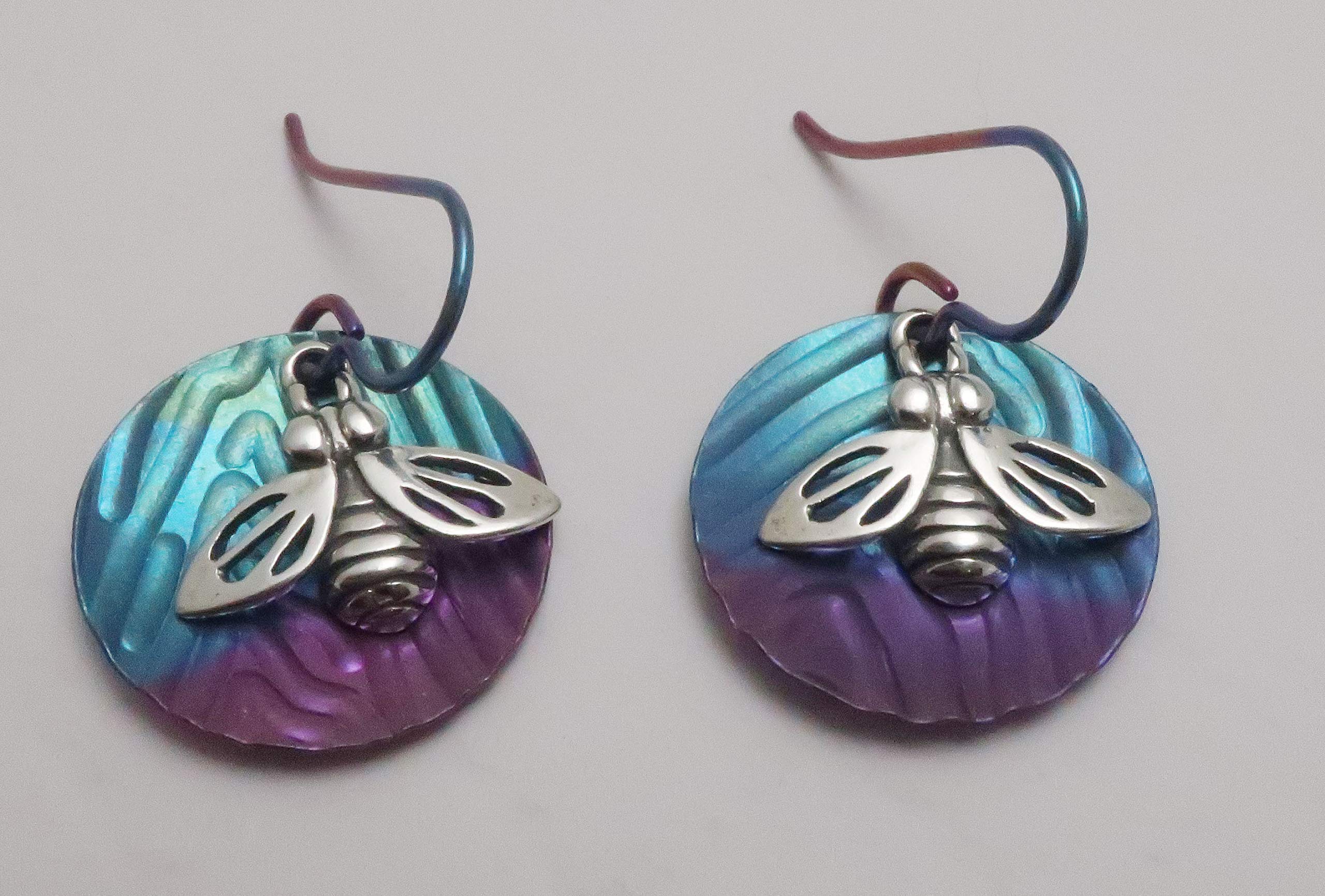 Hypoallergenic Niobium Sterling Silver Honey Bee Dangle Earrings in Aqua Purple - Lightweight Jewelry for Sensitive Ears | Perfect for Everyday Wear, Gift Giving & Boho Fashion