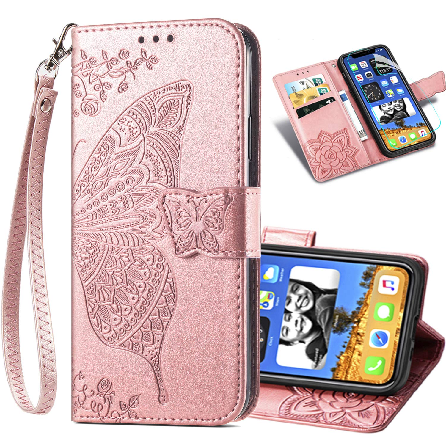 Premium PU Leather iPhone 11 Pro Max Case with Screen Protector - Wallet Flip Folio Cover with Magnetic Kickstand, Card Slots & Wrist Strap (Rose Gold) | Elegant Embossed Butterfly Flower Design for Daily Use & Travel Protection
