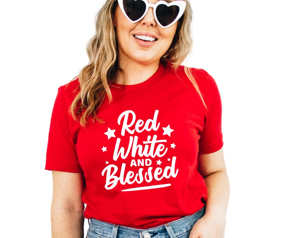 Red White Blessed T-Shirt for Women - Plus Size American Flag Patriotic Shirt, Christian 4th of July Womens Tee - Perfect for Independence Day Celebrations, BBQ Parties & Summer Festivals
