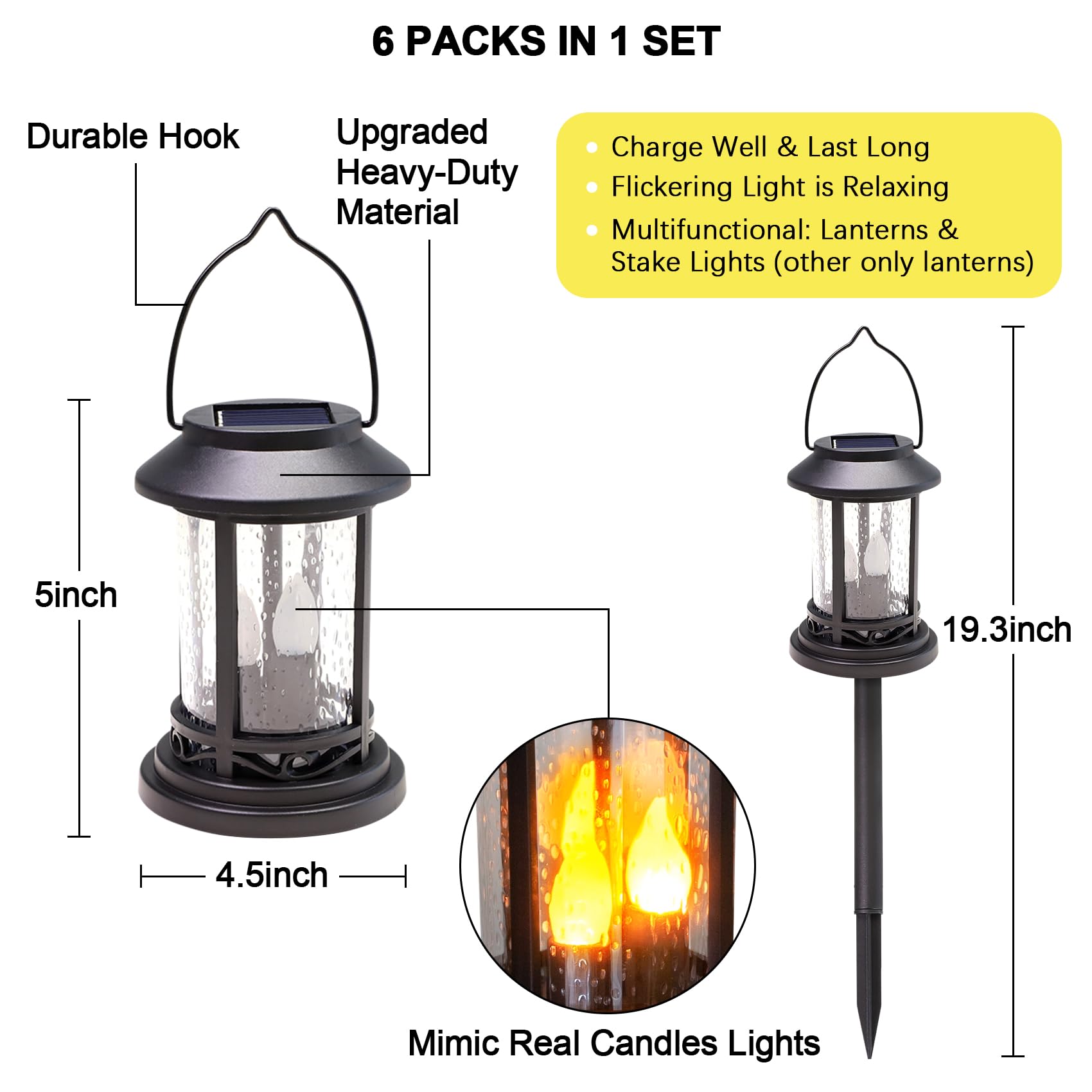 Beautyard 6 Pack Black Solar Powered Flickering LED Candle Lanterns - Waterproof Outdoor Stake Lights for Garden, Pathway, Patio Decor - Perfect for Backyard, Lawn, Wedding & Holiday Lighting Decorations