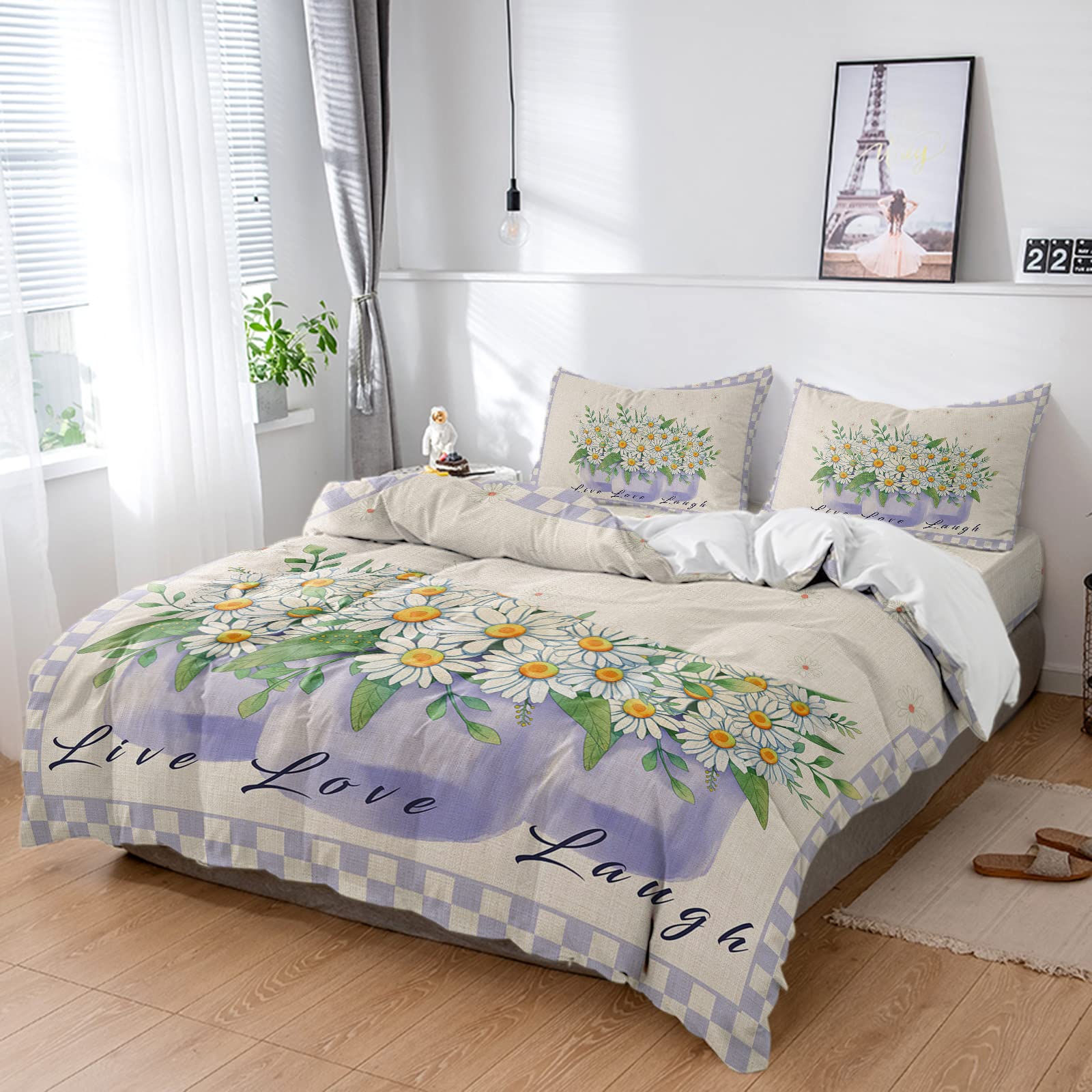 Vintage Watercolor Daisy Flower 4-Piece King Duvet Cover Set - Ultra Soft Washed Microfiber Comforter Cover with Pillowcases, Rustic Linen Purple Gingham Check Design, Zipper Closure - Perfect for Bohemian Bedroom Decor & Cozy Farmhouse Style Homes