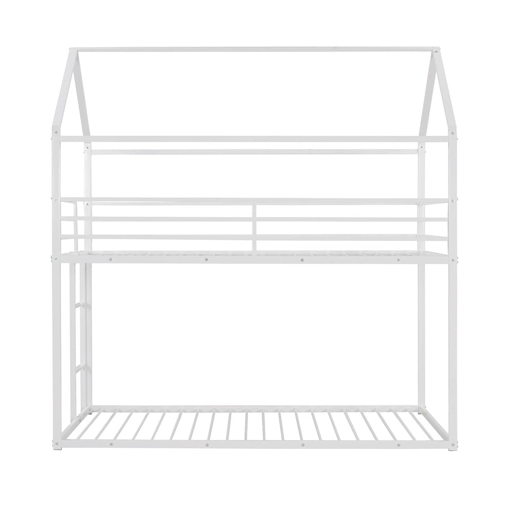 **Metal Twin Over Twin Low Bunk Bed with Roof - Full-Length Guardrail & Ladder - Space-Saving House Bed for Kids & Teens - No Box Spring Needed - White - Perfect for Small Rooms, Dormitories & Shared Kids' Bedrooms**