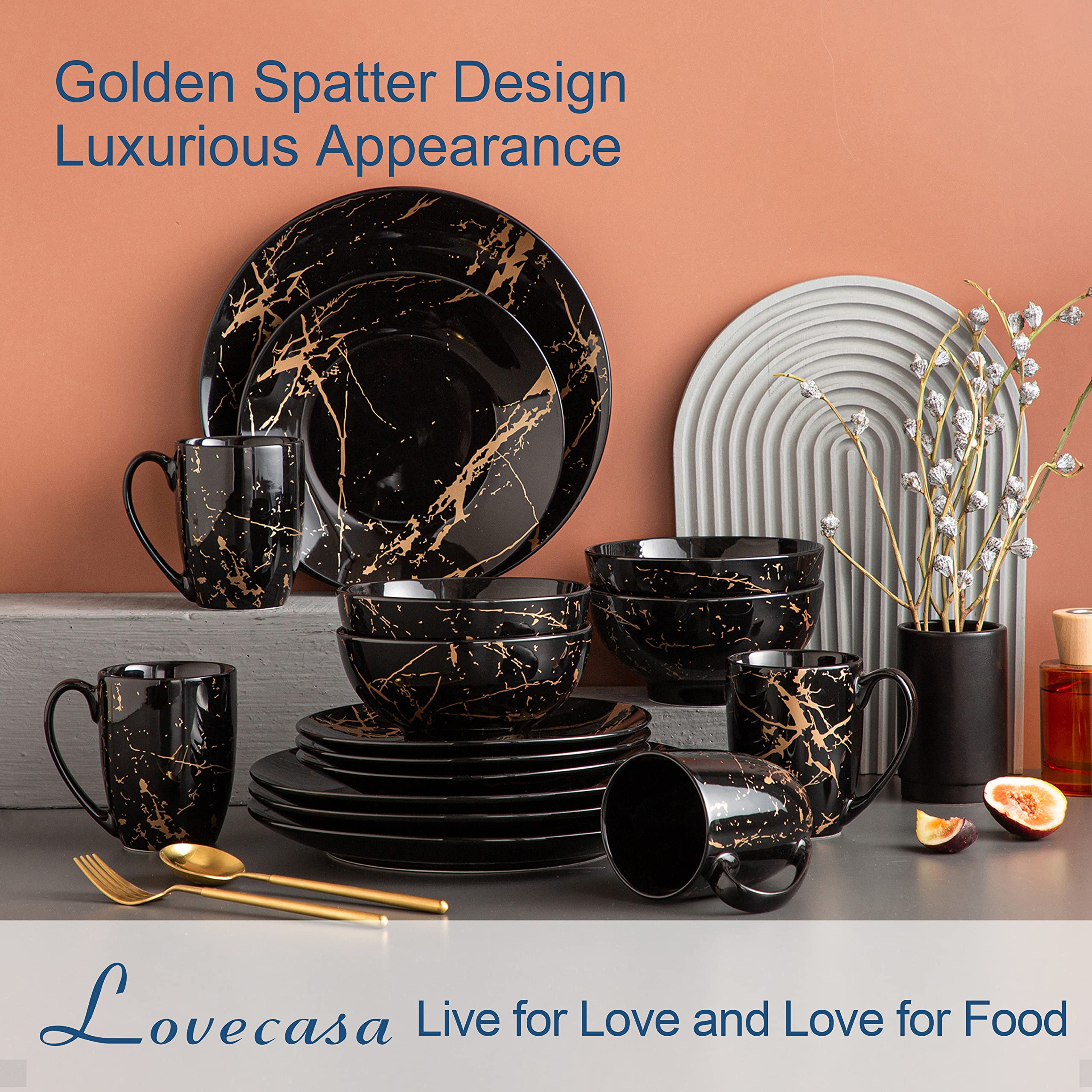 16-Piece Black and Gold Porcelain Dinnerware Set for 4 - Round Plates, Bowls & Mugs - Dishwasher & Microwave Safe - Elegant Table Setting for Family Dinners, Parties & Restaurant Use - by LOVECASA