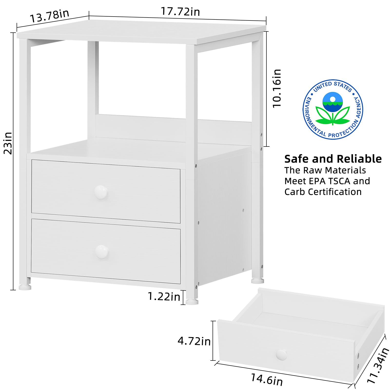 Industrial Nightstand with 2 Drawers & Open Shelf - Steel Frame Bedside Table for Bedroom & Living Room - Sturdy White End Table for Small Spaces - Perfect for Apartment, Dorm, Guest Room & Home Office
