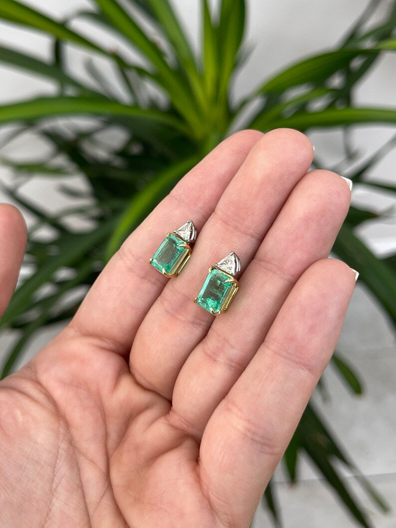18K White Gold Colombian Emerald and Diamond Stud Earrings - 6.73tcw Emerald Cut & Trillion Accent - Elegant Jewelry for Weddings, Parties & Special Occasions