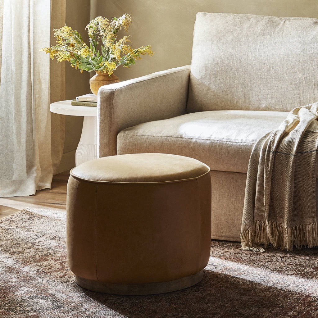 Sinclair Round Ottoman Stool - Butterscotch Leather Footrest Pouf for Living Room, Bedroom & Nursery - Perfect for Extra Seating & Home Decor