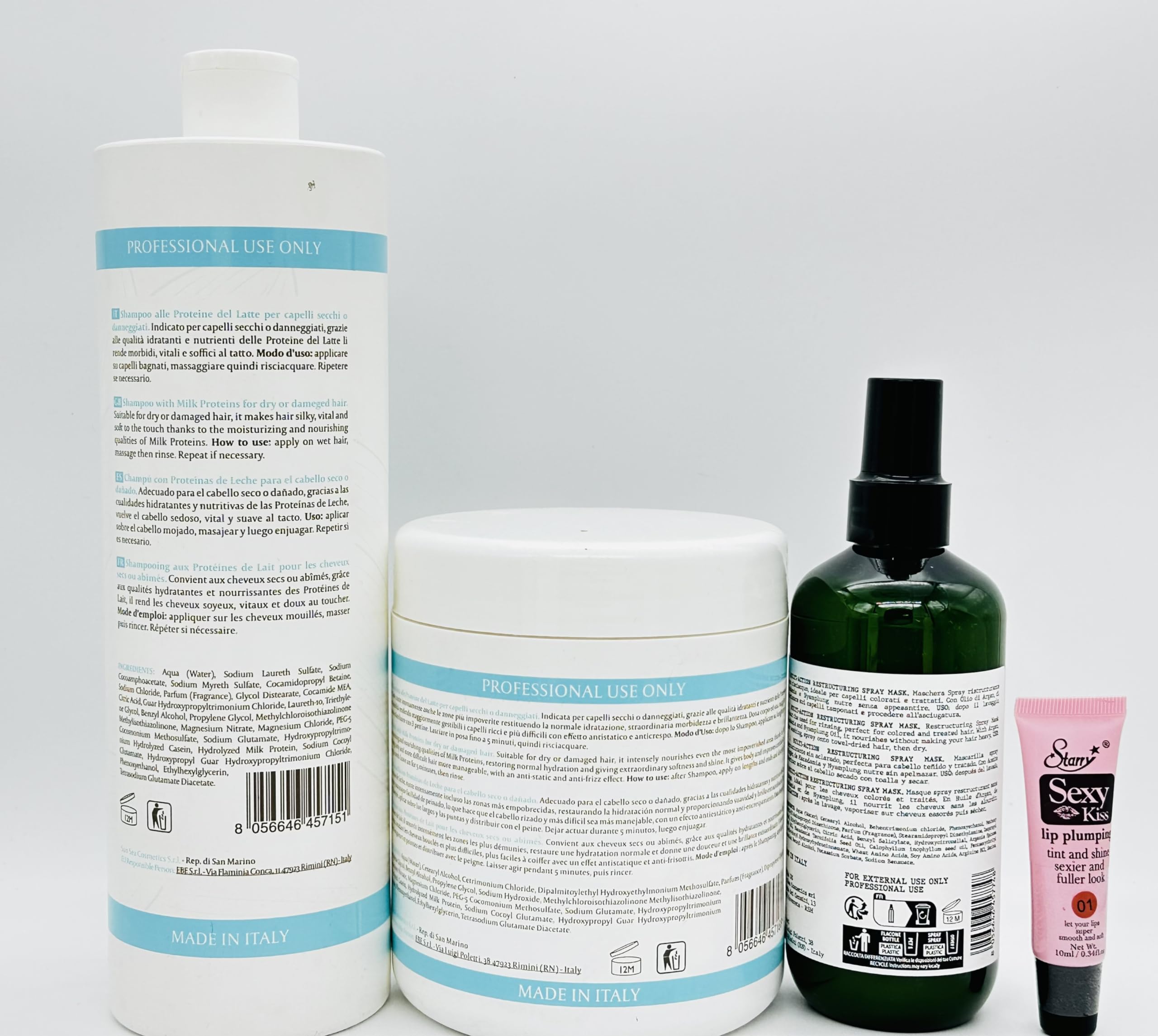 Maxima Maxy Look Harmonic Salon Shampoo & Hair Mask with Milk Proteins (1000ml) + Miracle Leave-In Conditioner Spray (115ml) - Free Starry Lip Plumper Gloss | Professional Hair Care Set for Damaged Hair Repair & Hydration | Perfect for Salon-Quality Treatment at Home