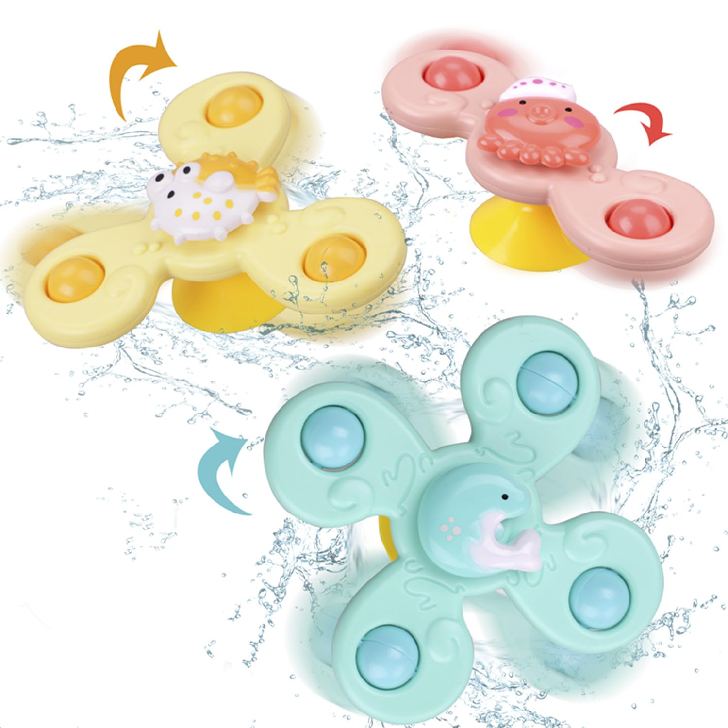 3-Pack Suction Cup Spinner Sensory Toys for Babies & Toddlers - Fun Bath, Window & Travel Toys for Boys & Girls - Perfect Airplane, Car & Table Activities - Great Birthday Gifts for Infants (Promotes Fine Motor Skills & Sensory Development)