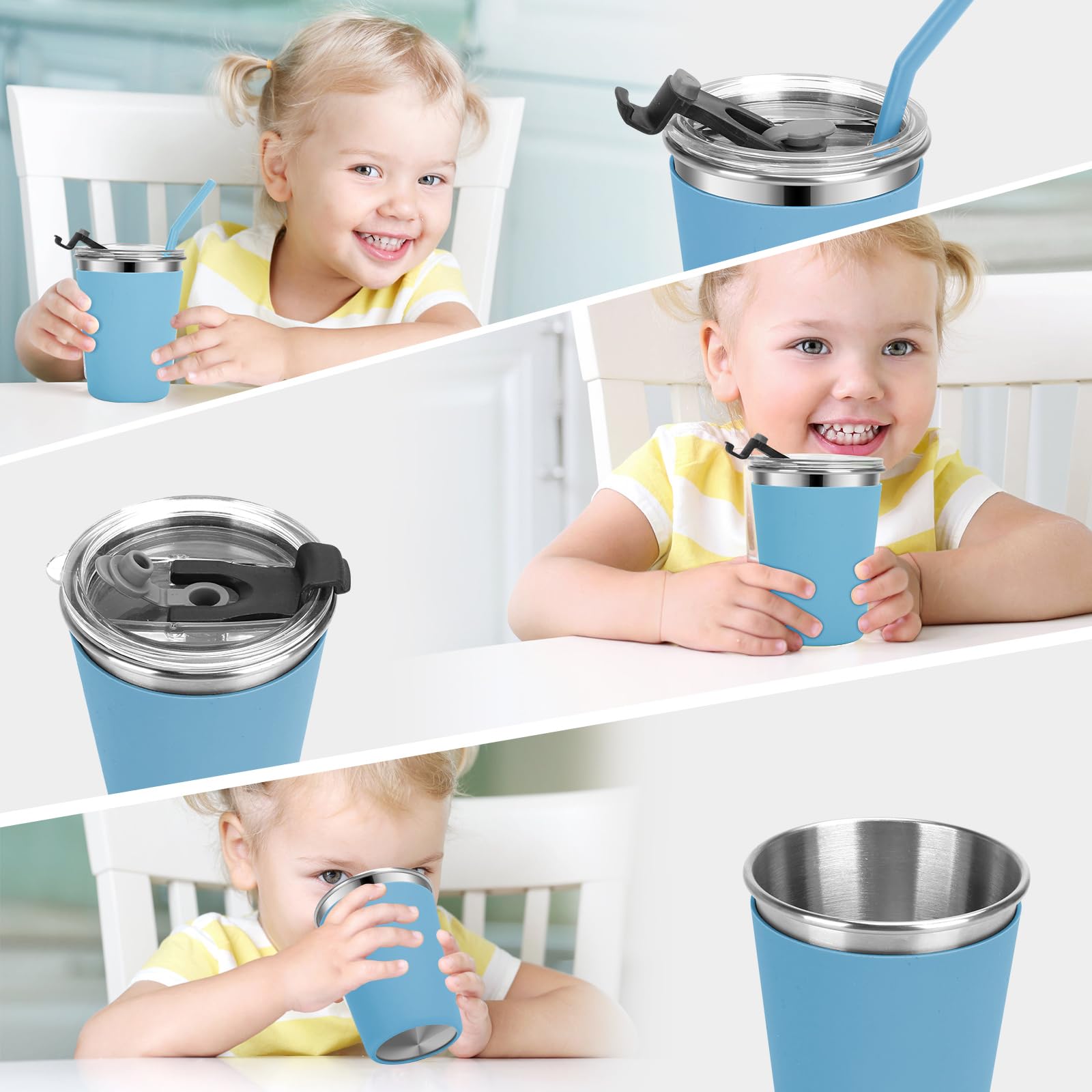 Stainless Steel Kids Cups with Straws & Lids - 12oz Leak Proof Sippy Cups for Toddlers 1-3 Years, Spill Proof Travel Cups for Home, School, Outdoor Activities - Perfect for Juice, Milk & Smoothies (4 Pack)