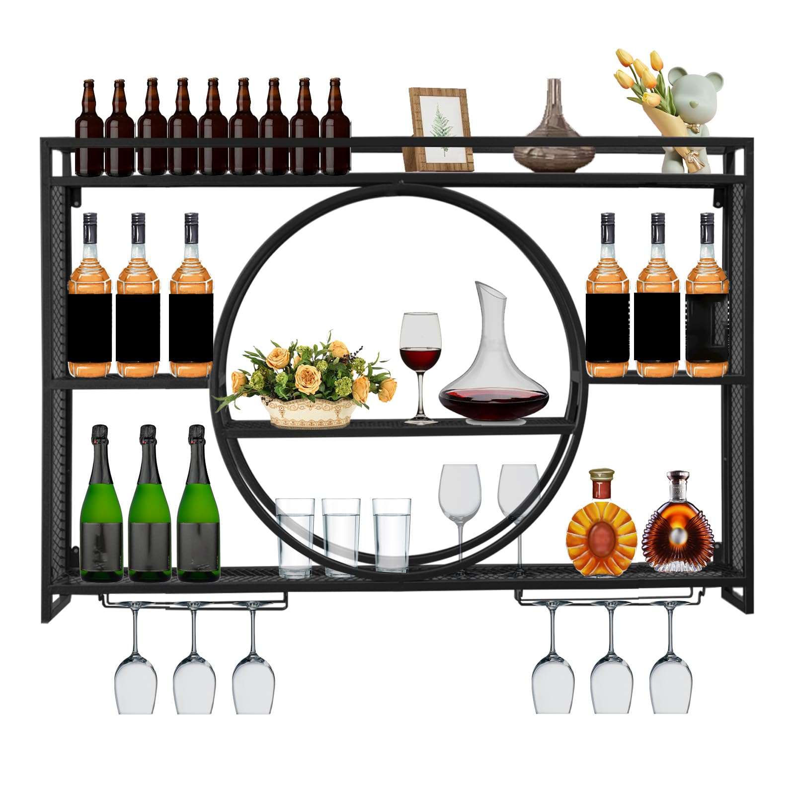 3-Tier Wall Mounted Wine Rack - Large Capacity Iron Round Wine Glass Display & Storage with Cup Holder for Home, Restaurant, Bar (Black, 55.1x5.9x23.5in) - Perfect for Kitchen, Dining Room & Wine Cellar Organization
