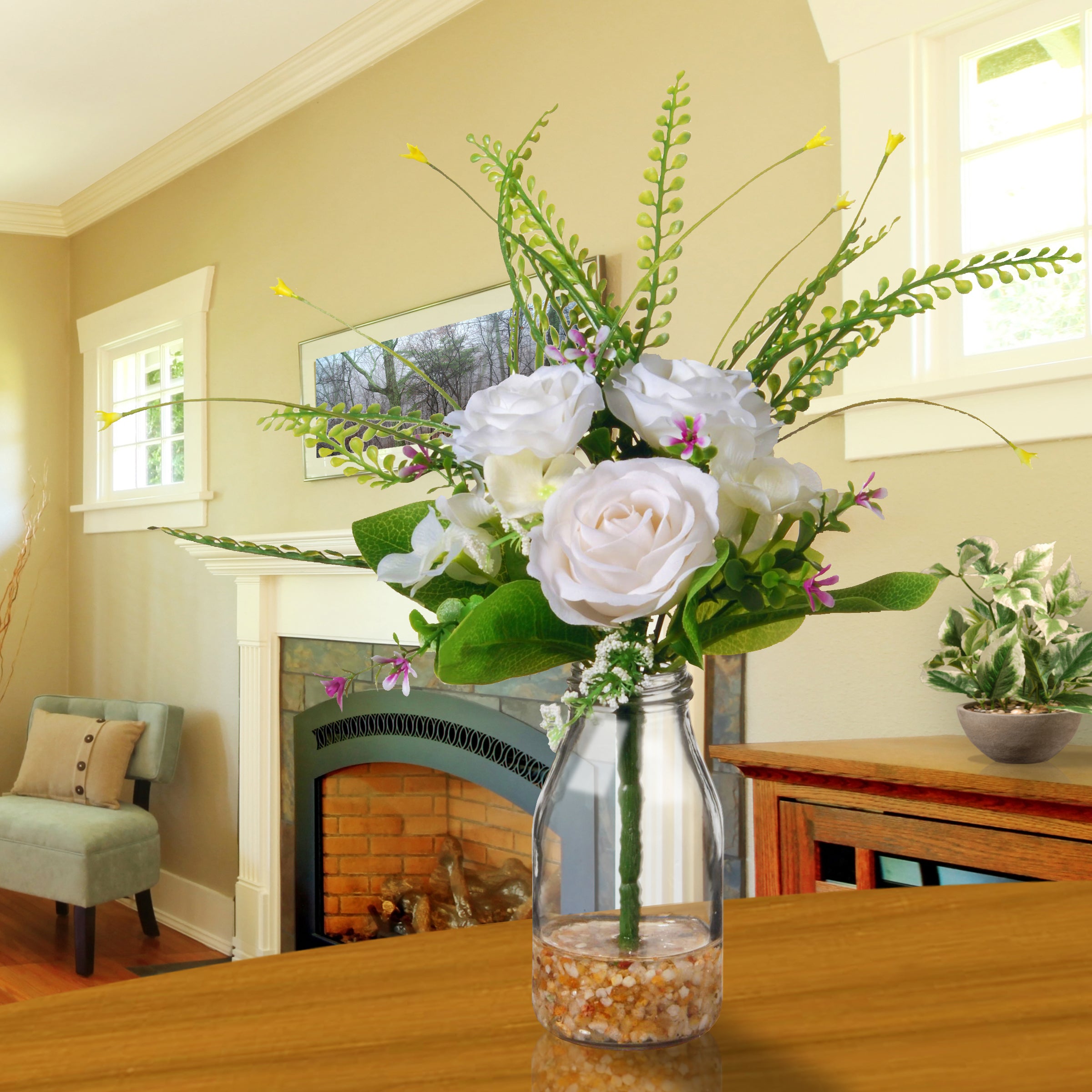 12 Inch Artificial Spring White Roses Bouquet in Glass Vase with Leafy Greens - Perfect for Home Decor, Wedding Centerpieces & Gift Giving