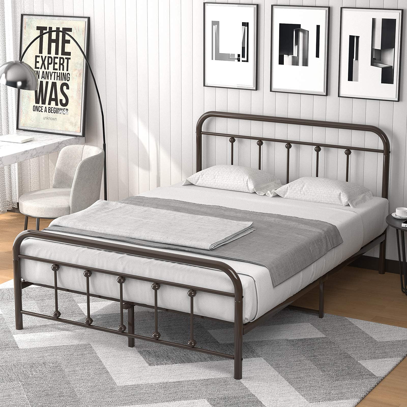 Vintage Metal Platform Bed Frame with Headboard & Footboard - Sturdy All-Metal Mattress Foundation, No Box Spring Required - Easy Assembly for Bedroom, Guest Room, Dorm or Apartment