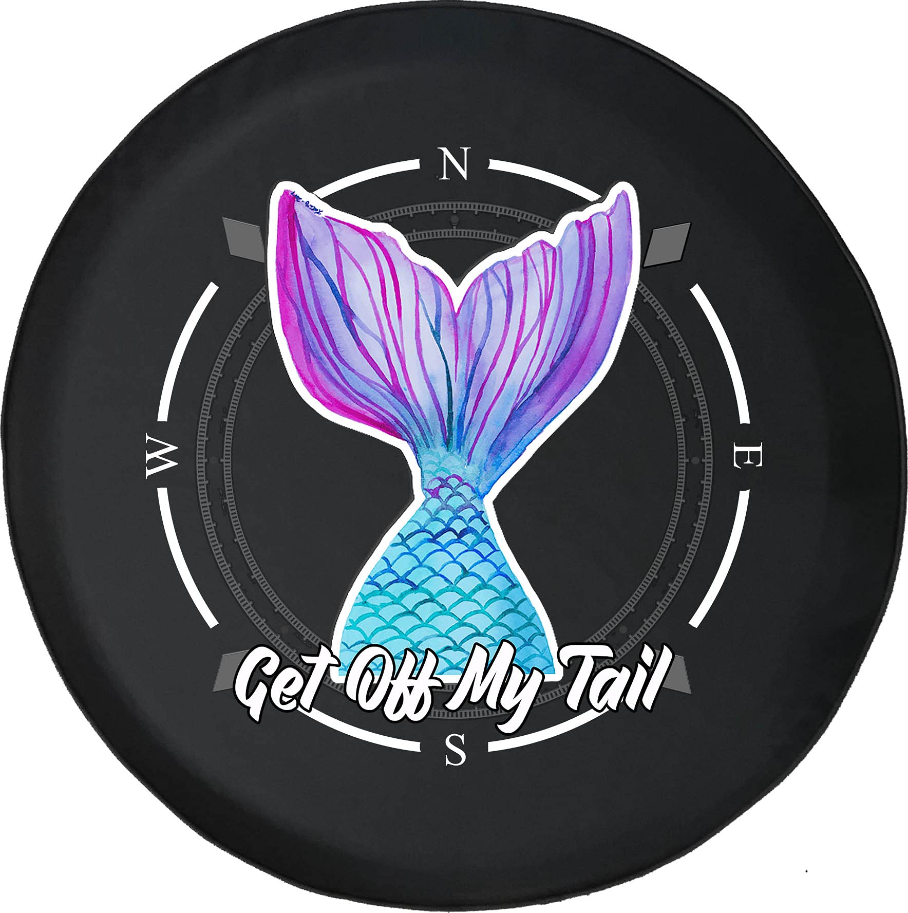 American Unlimited Spare Tire Cover with Compass Design - 'Get Off My Tail' Mermaid Print Wheel Covers for SUV, Trailer, RV Accessories | Durable & Weatherproof for Off-Road Adventures & Camping Trips