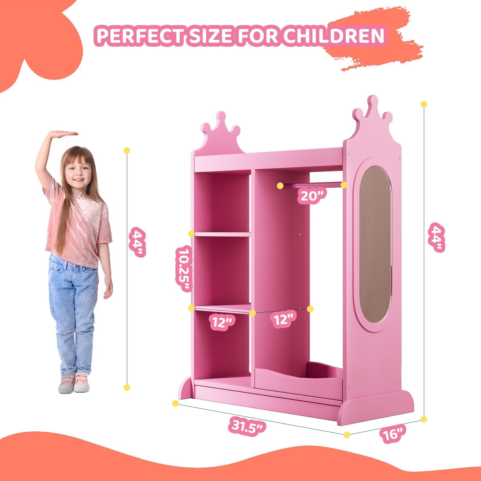 KIDINIX Kids Wardrobe with Mirror - 3-Tier Storage Shelf, 2 Fabric Bins & Shoe Rack | Pink Open Dress Up Armoire for Coats, Dance Costumes, Hats & Shoes | Perfect for Bedroom Organization & Pretend Play