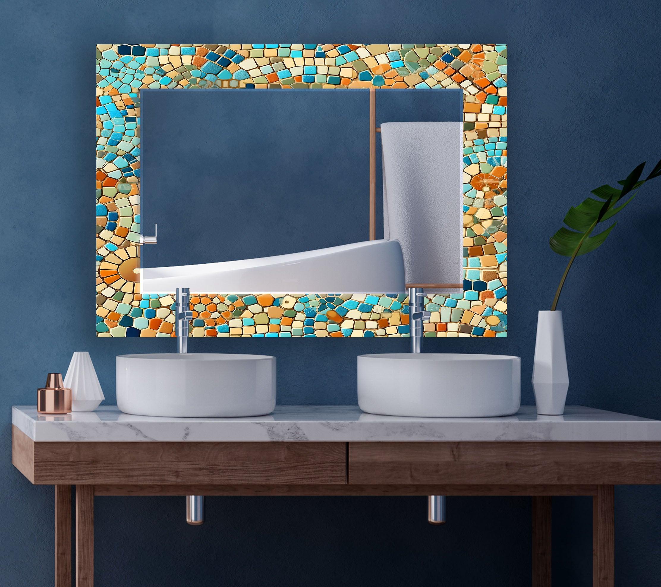 Beige and Blue Mosaic Wall Mirror - Handmade Decorative Bathroom Vanity Mirror - Perfect for Bedroom, Living Room & Entryway Décor