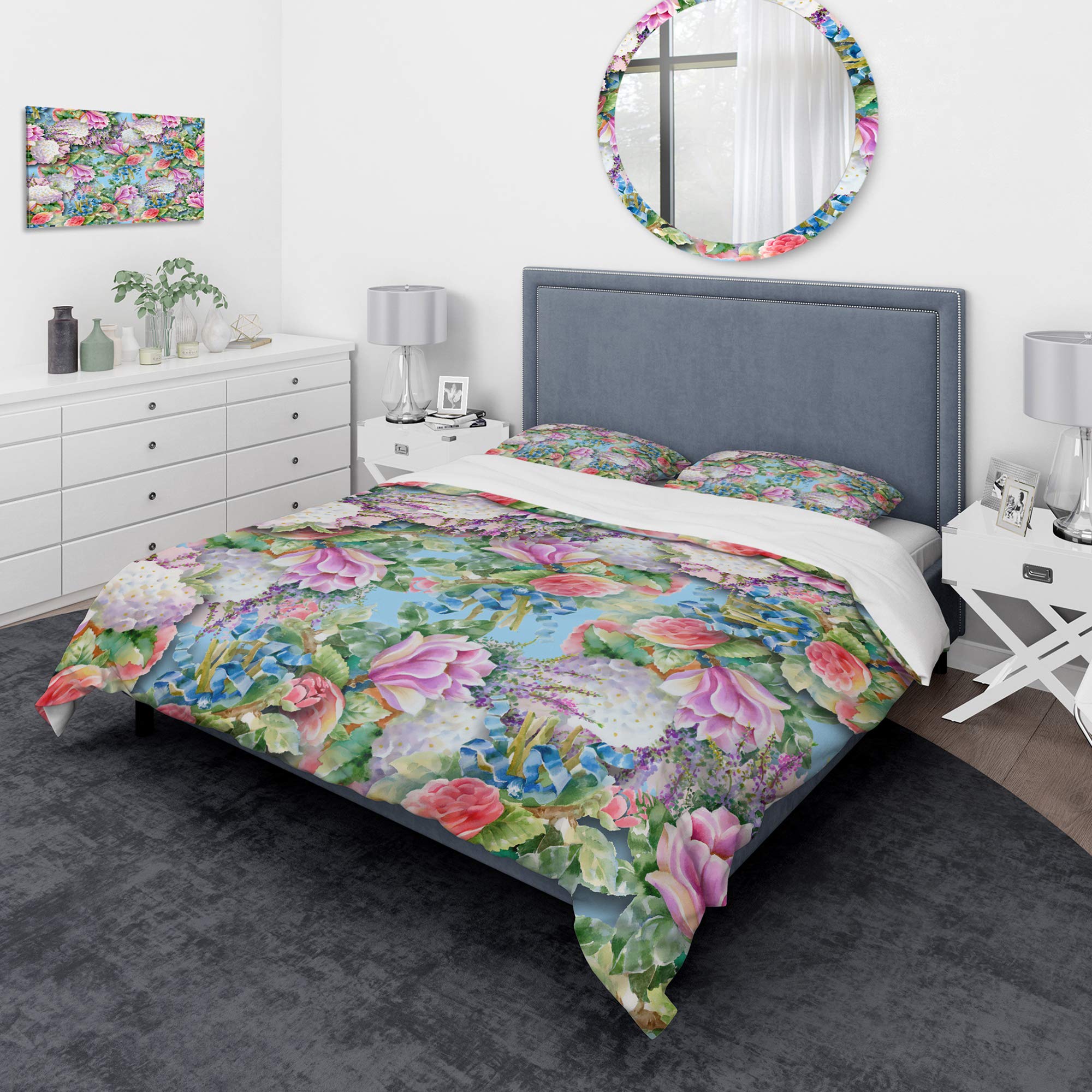 Blue Floral Duvet Cover Set King - Nautical Coastal Bedding for All Seasons