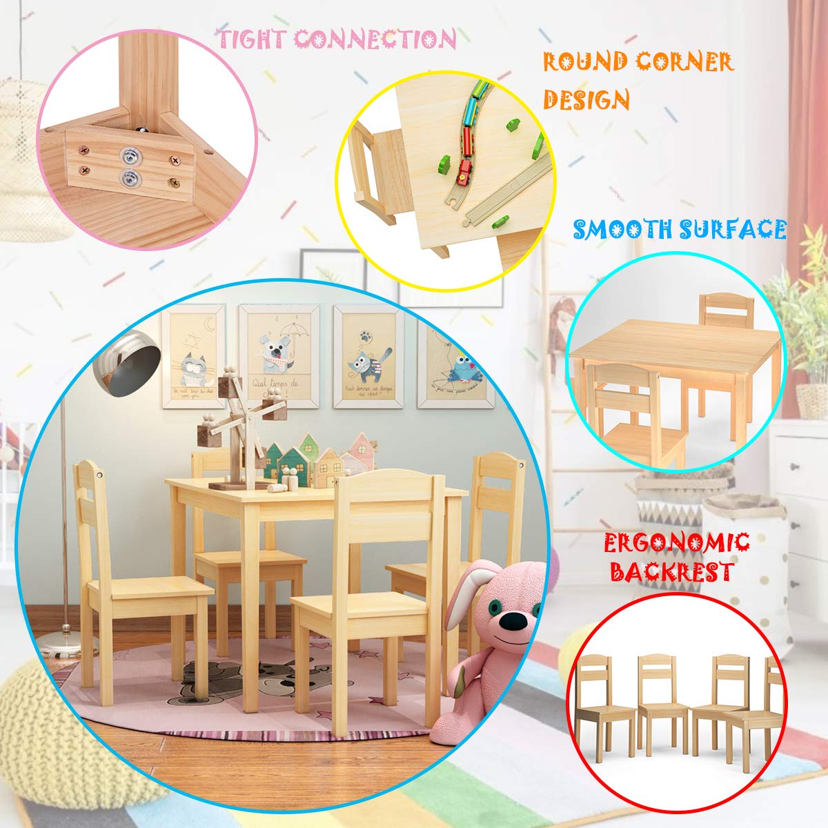 Costzon 5-Piece Kids Wooden Table and Chair Set - Natural Wood Activity Table & Chairs for Toddlers, Preschoolers | Perfect for Arts & Crafts, Homework, Snack Time | Durable Children's Furniture Set for Home, Classroom, Daycare - Ideal Gift for Boys & Girls