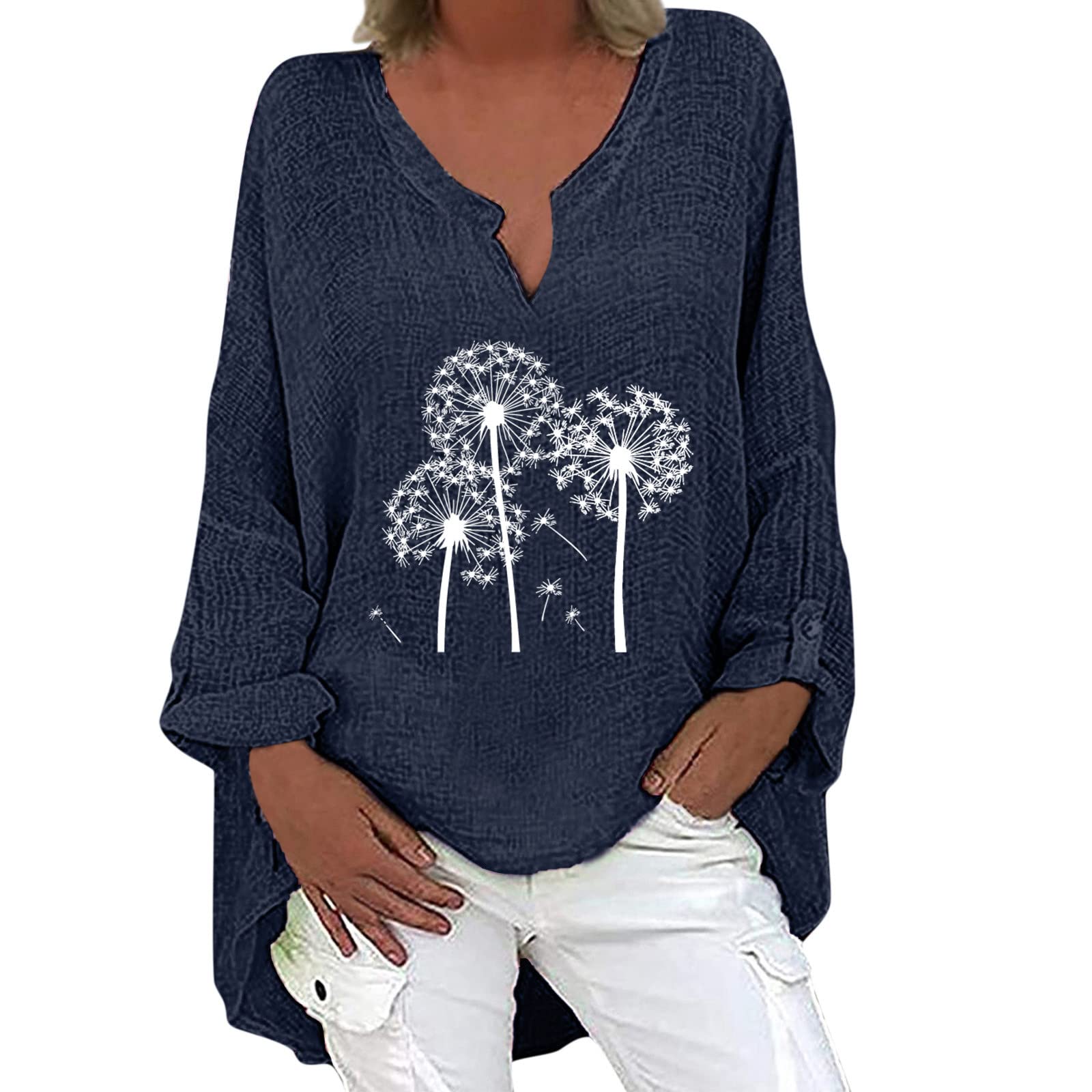 Plus Size Tunics for Women - Long Sleeve Flowy Cotton Linen Blouses with Dandelion Print | Comfortable Tunic Tops to Wear with Leggings | Perfect for Casual Outings, Office Wear & Layered Fall Fashion
