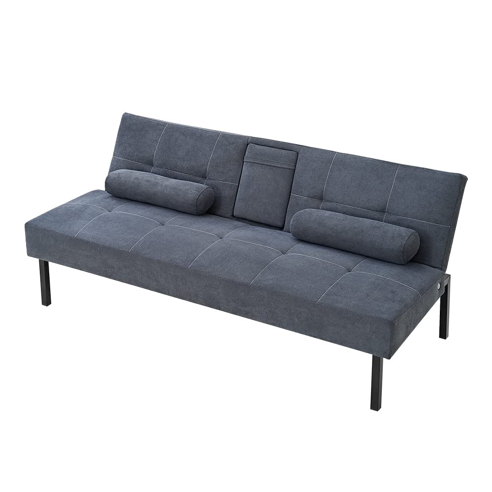 Modern Convertible Folding Futon Sofa Bed - 5 Angle Adjustable Linen Fabric Upholstered Daybed with 2 Cup Holders (Grey) | Space-Saving Guest Bed for Small Apartments, Dorm Rooms & Home Offices