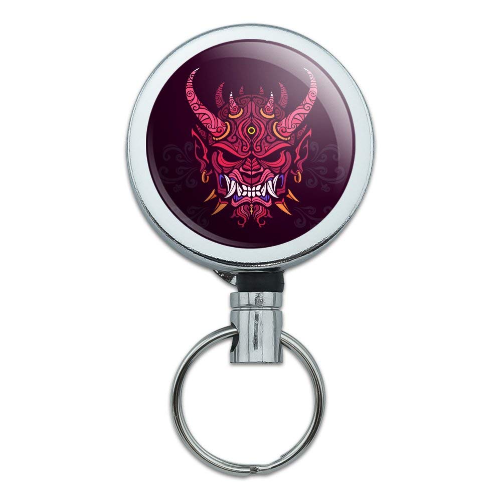 Japanese Oni Demon Mask Heavy Duty Metal Retractable Badge Reel Holder - ID Card Key Tag Clip for Work Security, Cosplay & Halloween Costume Accessories